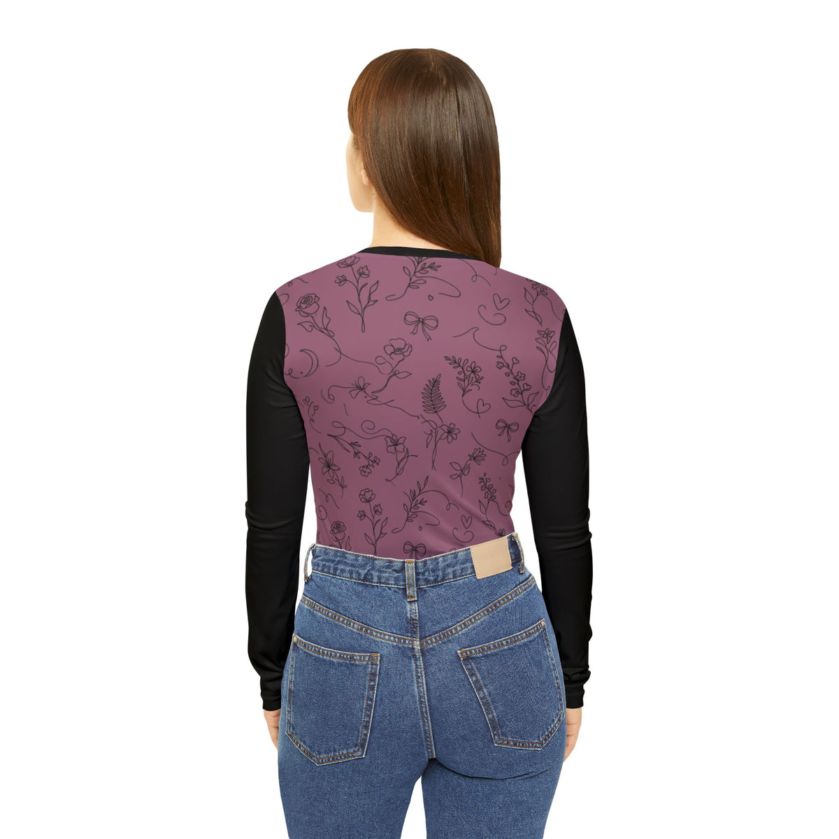 Floral Line Art Long Sleeve V-Neck Shirt