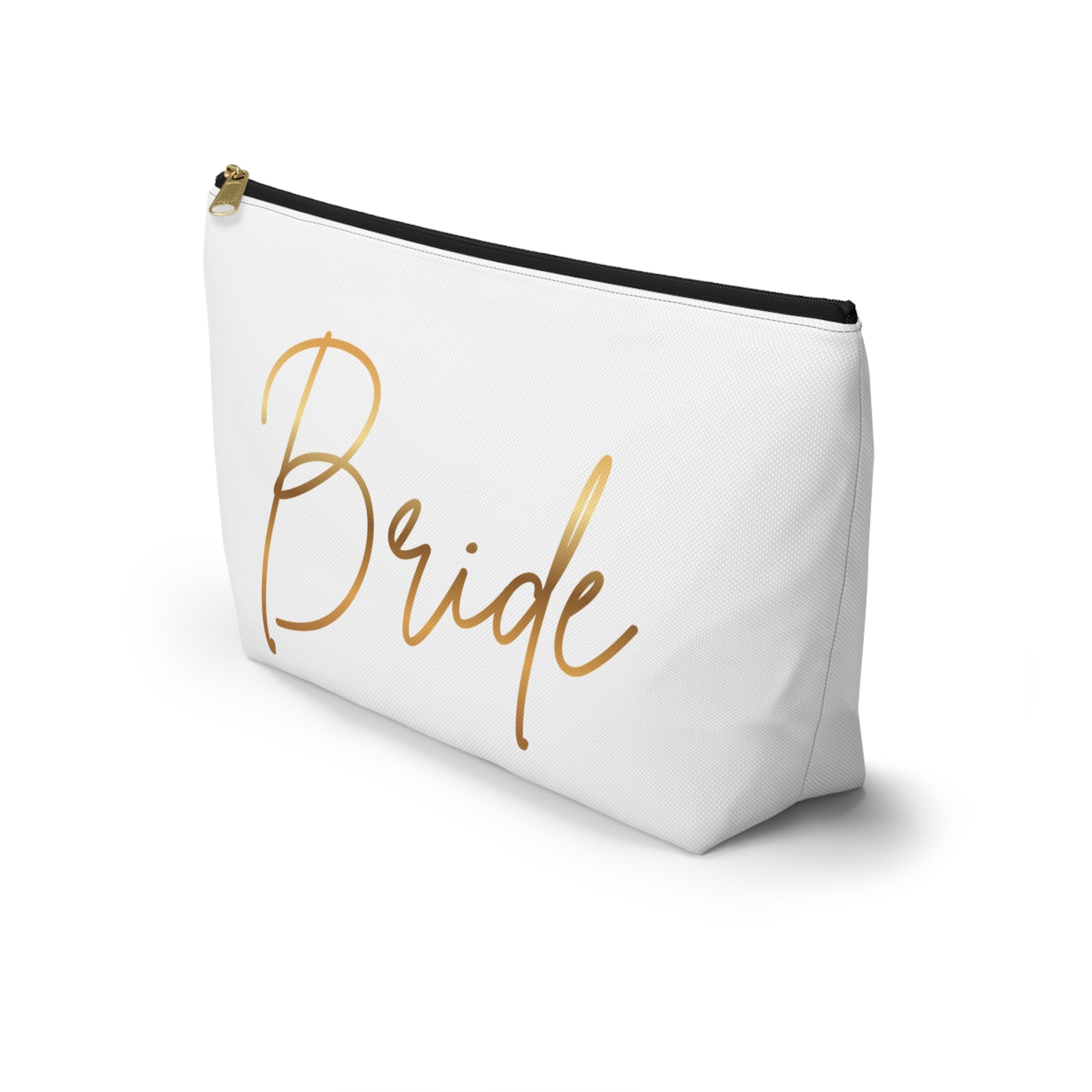 T Bottom Accessory Pouch | 'Bride' White with Gold Script Cosmetic Bag