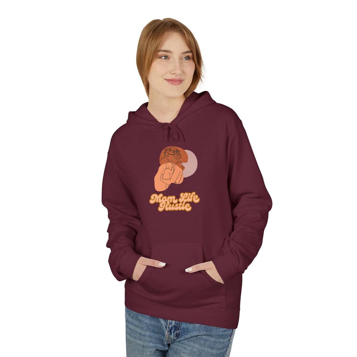 'Mom Life Hustle' Retro Hoodie | Delicate Line Illustration of a Mother & Baby