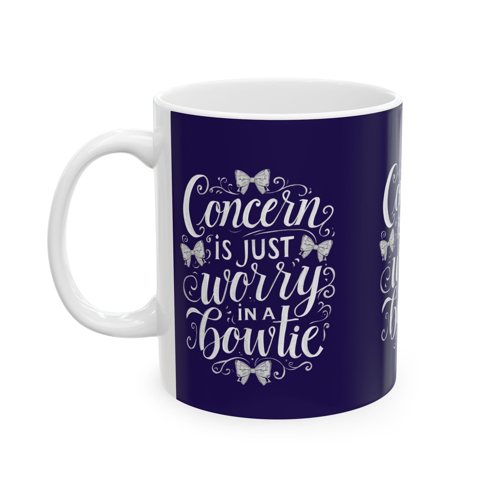 Coffee Mug | Navy Background 'Concern is Just Worry in a Bowtie'