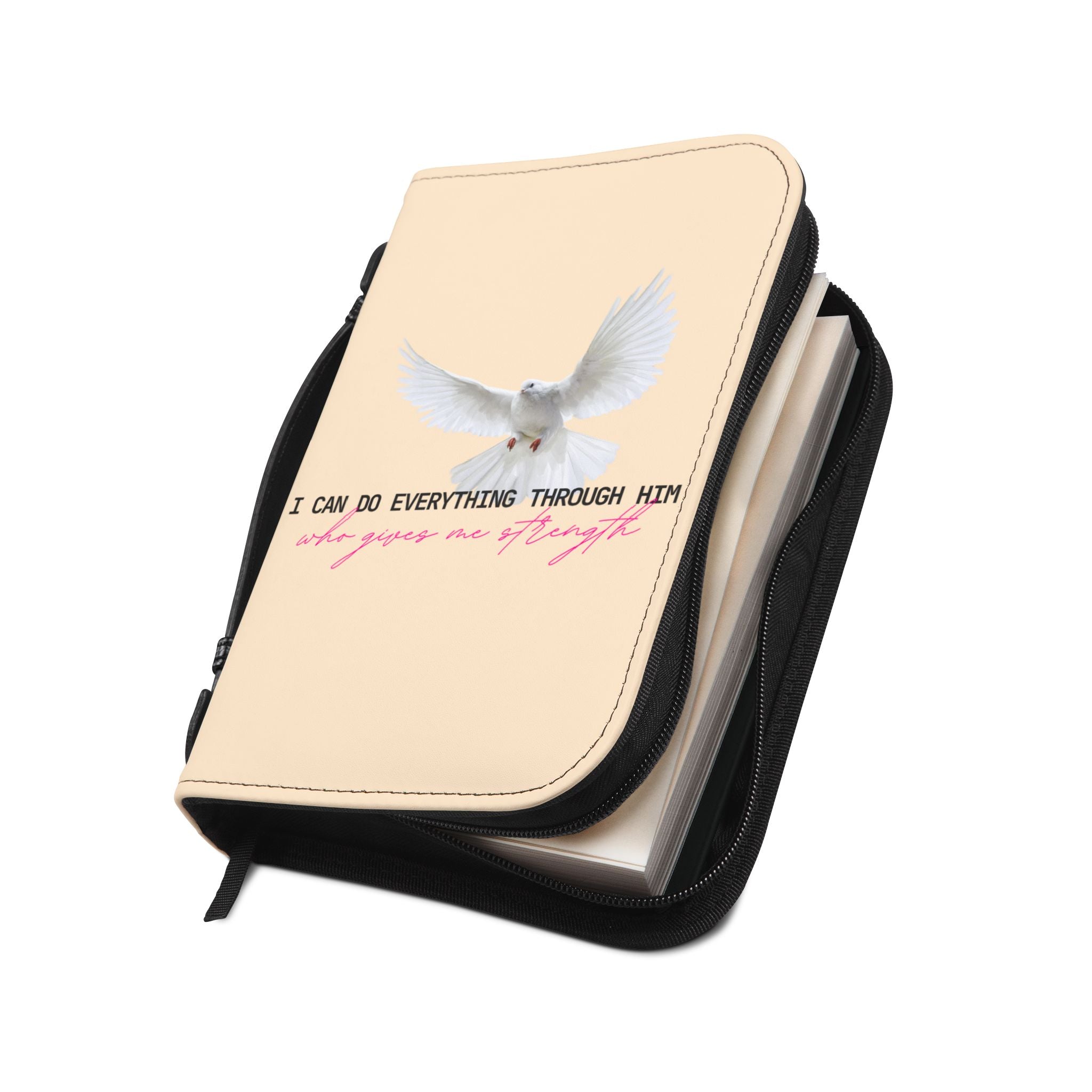 Bible Cover | Zippered Leatherette White Dove with Scripture "I Can Do All Things"