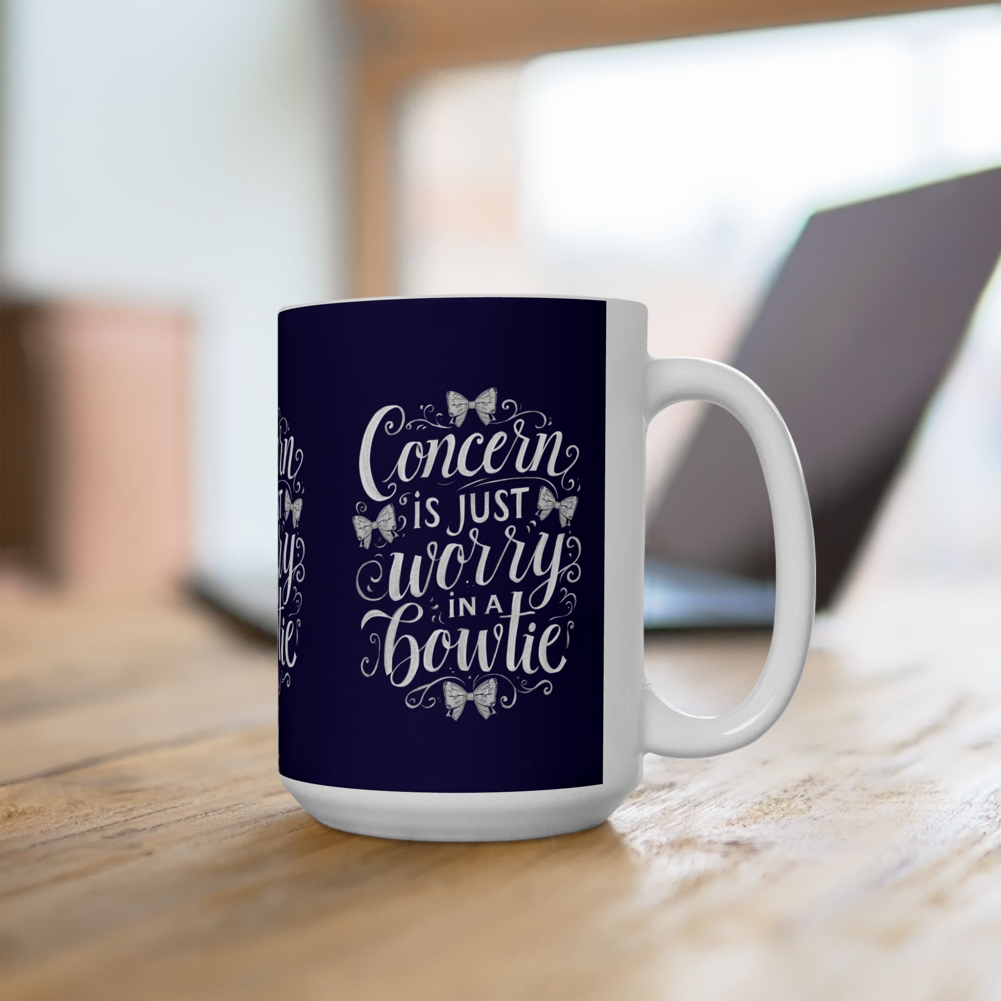 Coffee Mug | Navy Background 'Concern is Just Worry in a Bowtie'