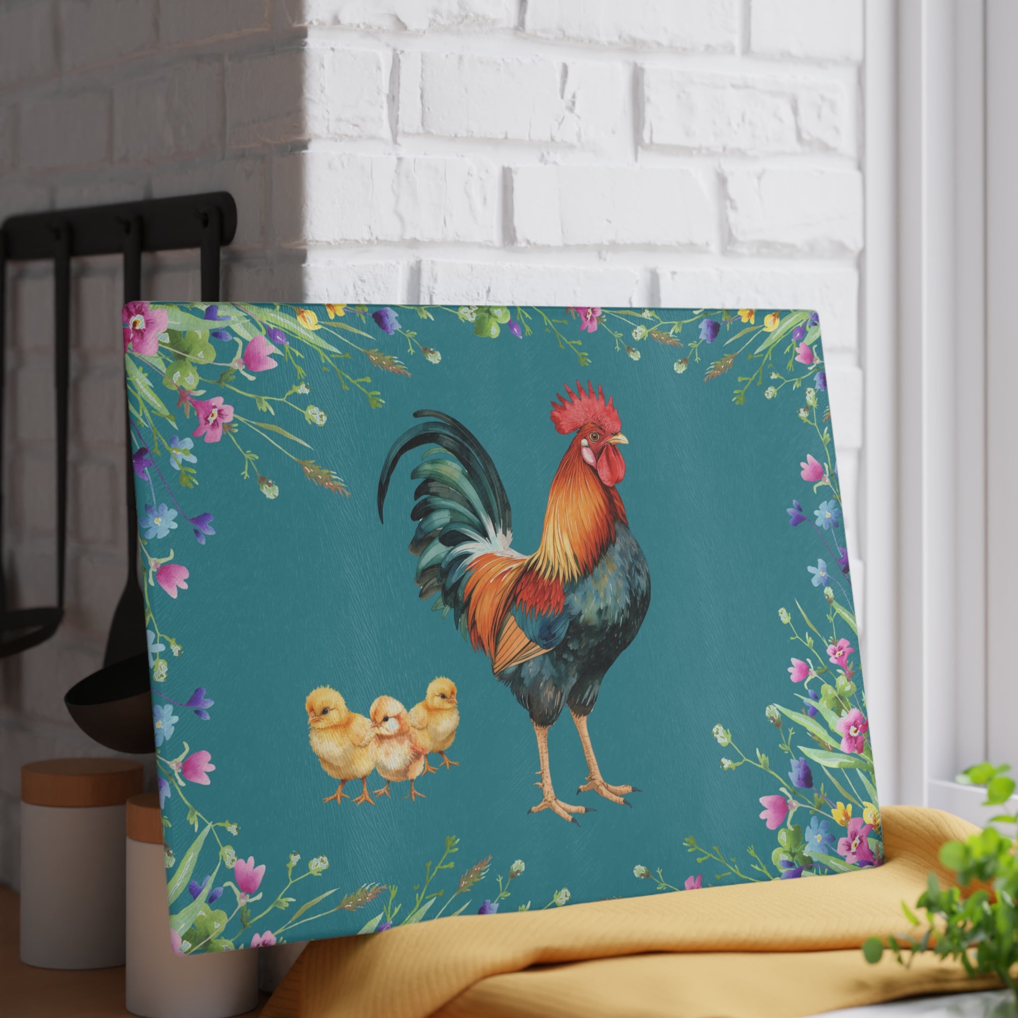 Glass Cutting Board | Rooster and Chicks Farmhouse Floral Kitchen Decor