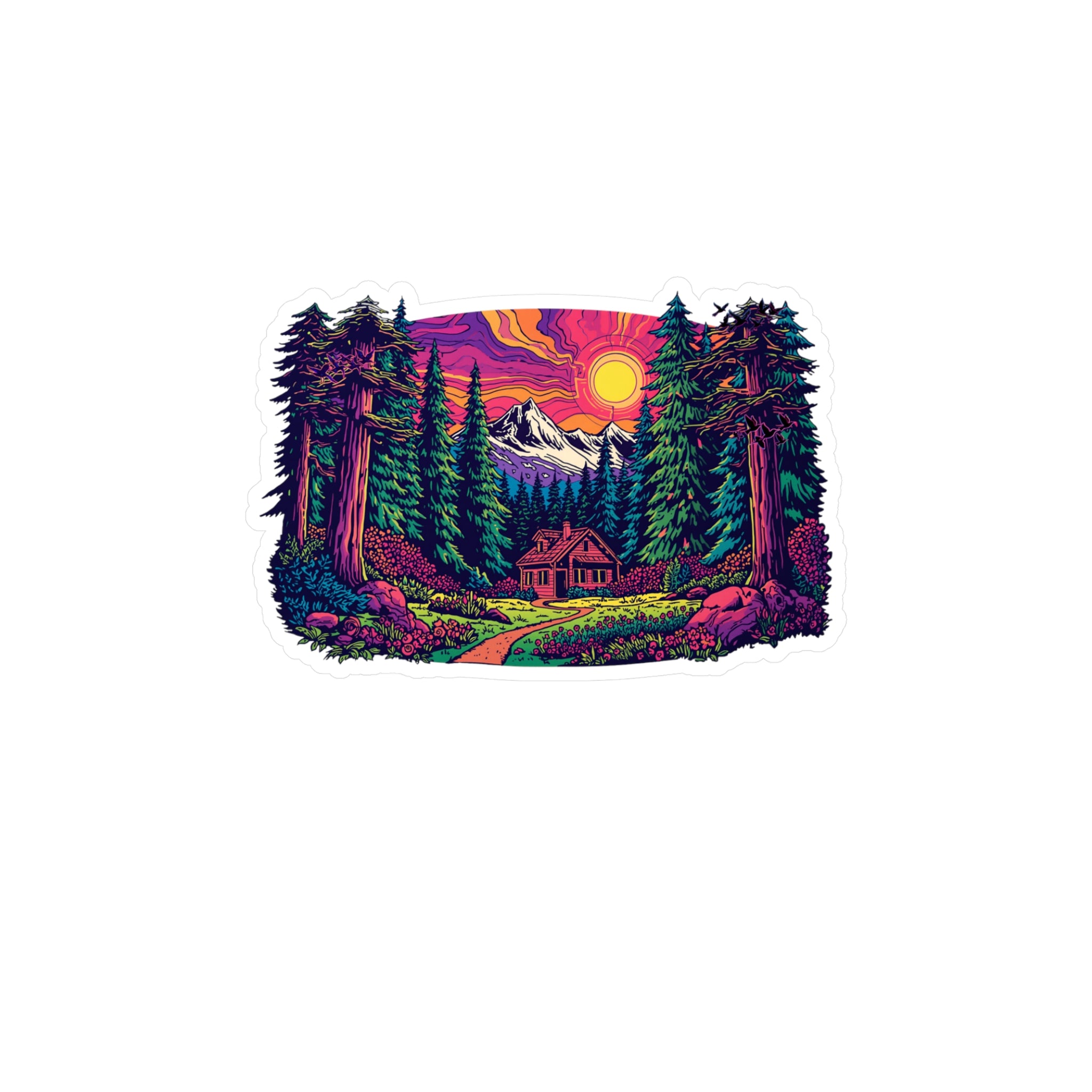Vinyl Decal | Sunset Forest Cabin Sticker