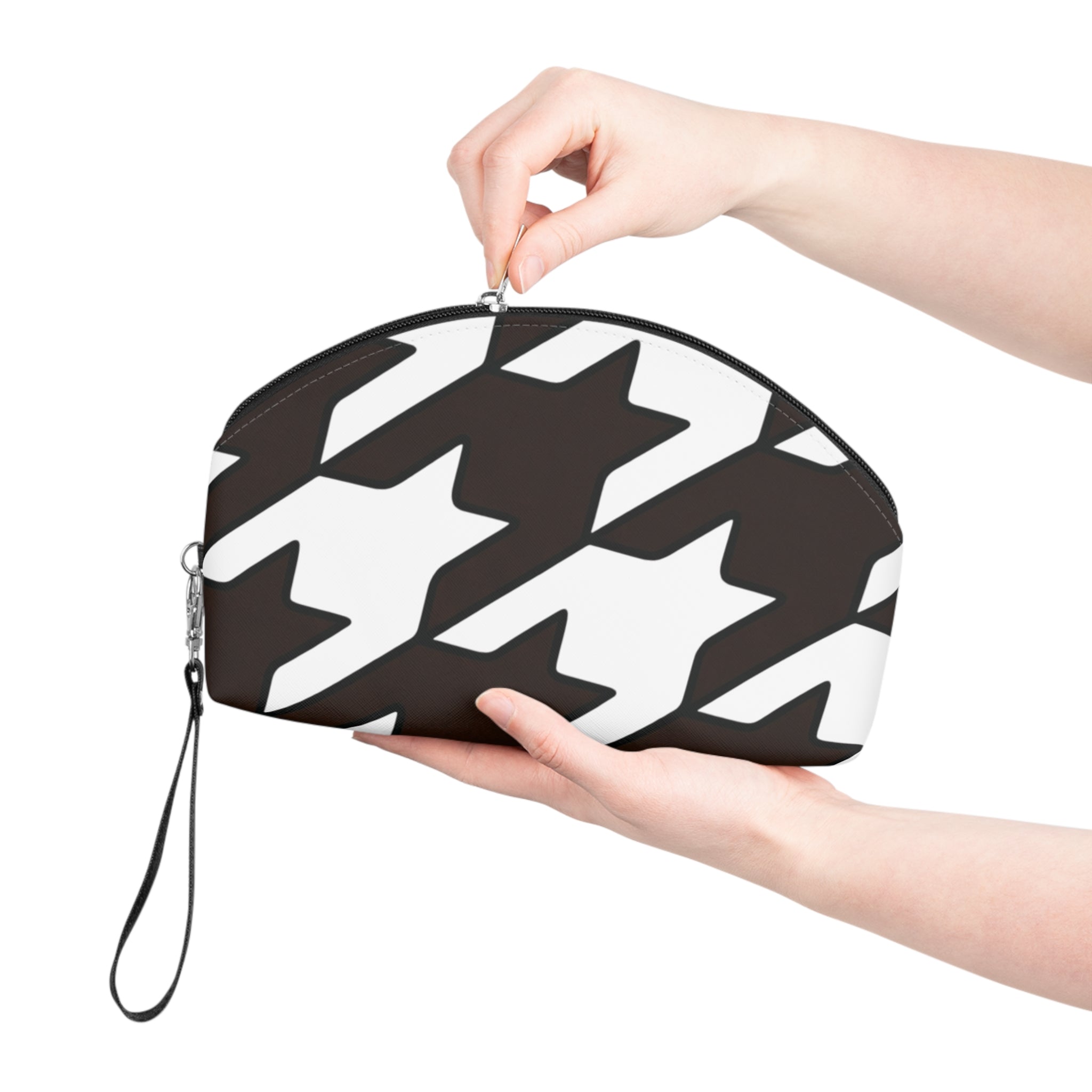 Cosmetic Pouch | Black & White Houndstooth Makeup Bag with Wrist Strap