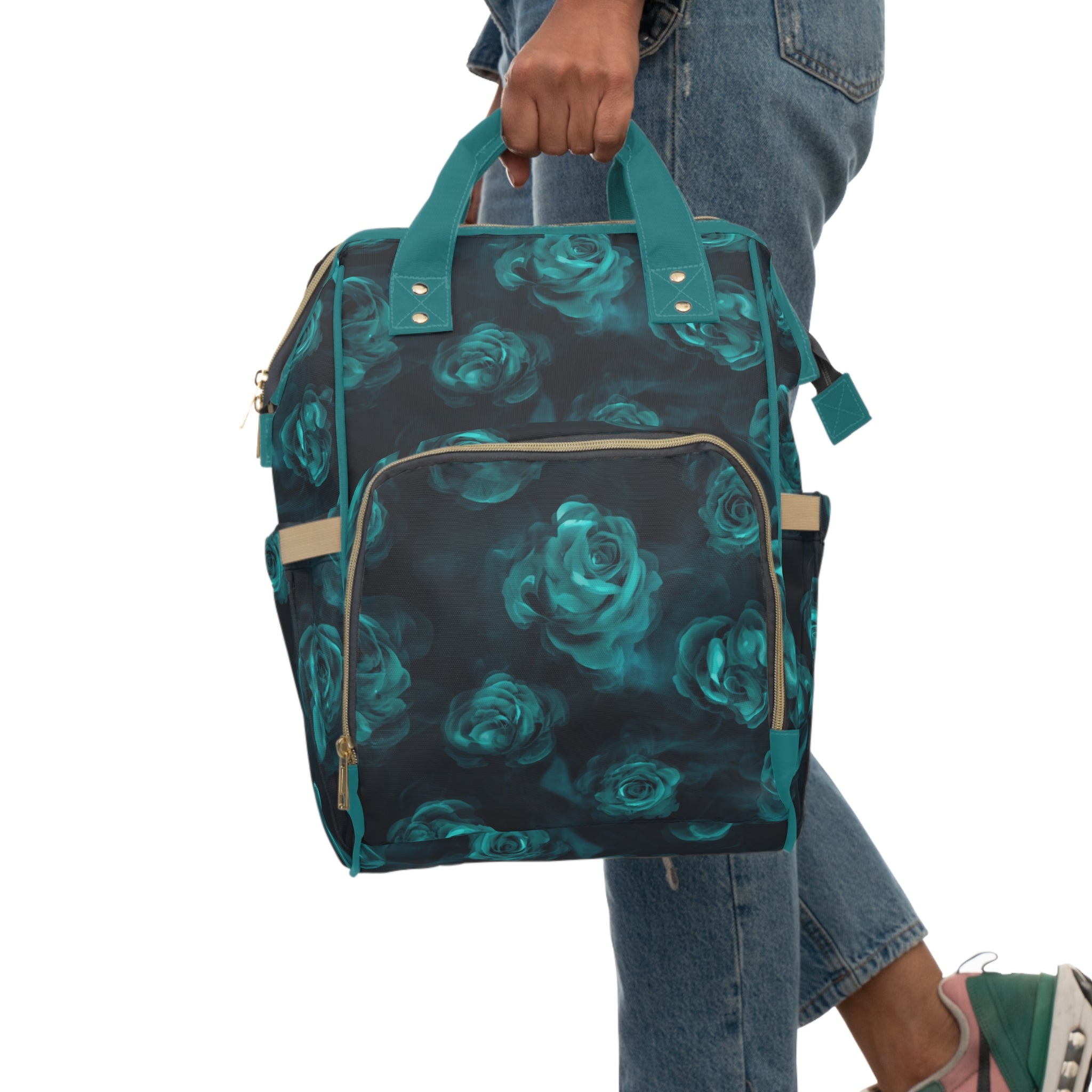 Diaper Backpack | Stylish Teal Rose Multifunctional Baby Bag