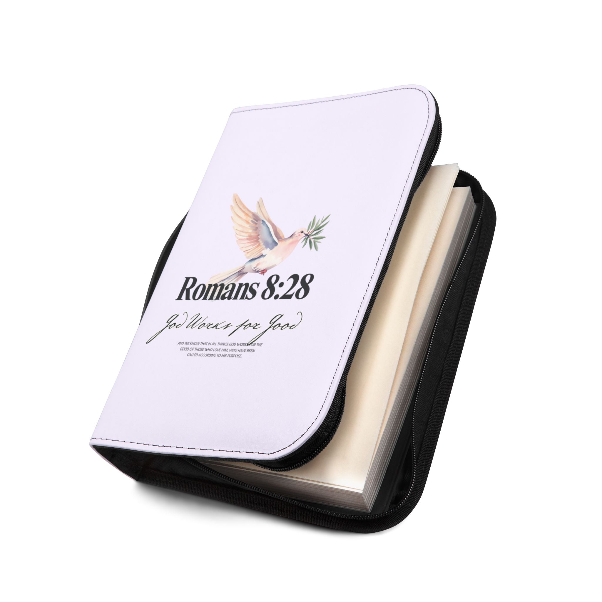 Bible Cover | Romans 8:28 Scripture Dove with Olive Branch Zippered Case