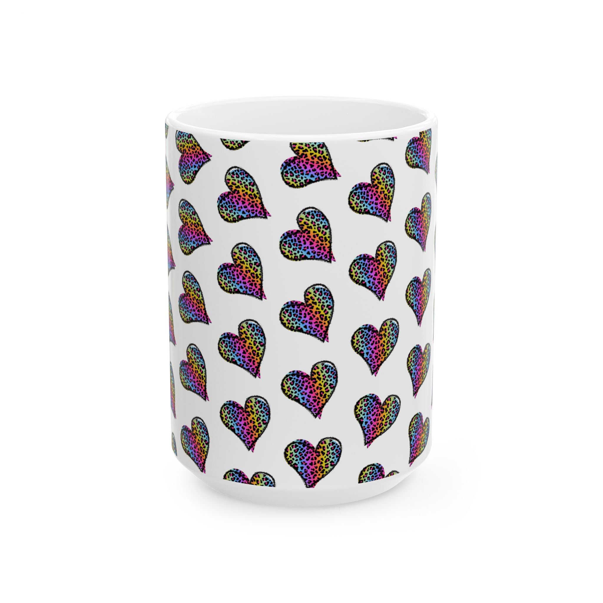 Coffee Mug | Neon Leopard Print Hearts Ceramic Coffee Cup (11oz & 15oz)