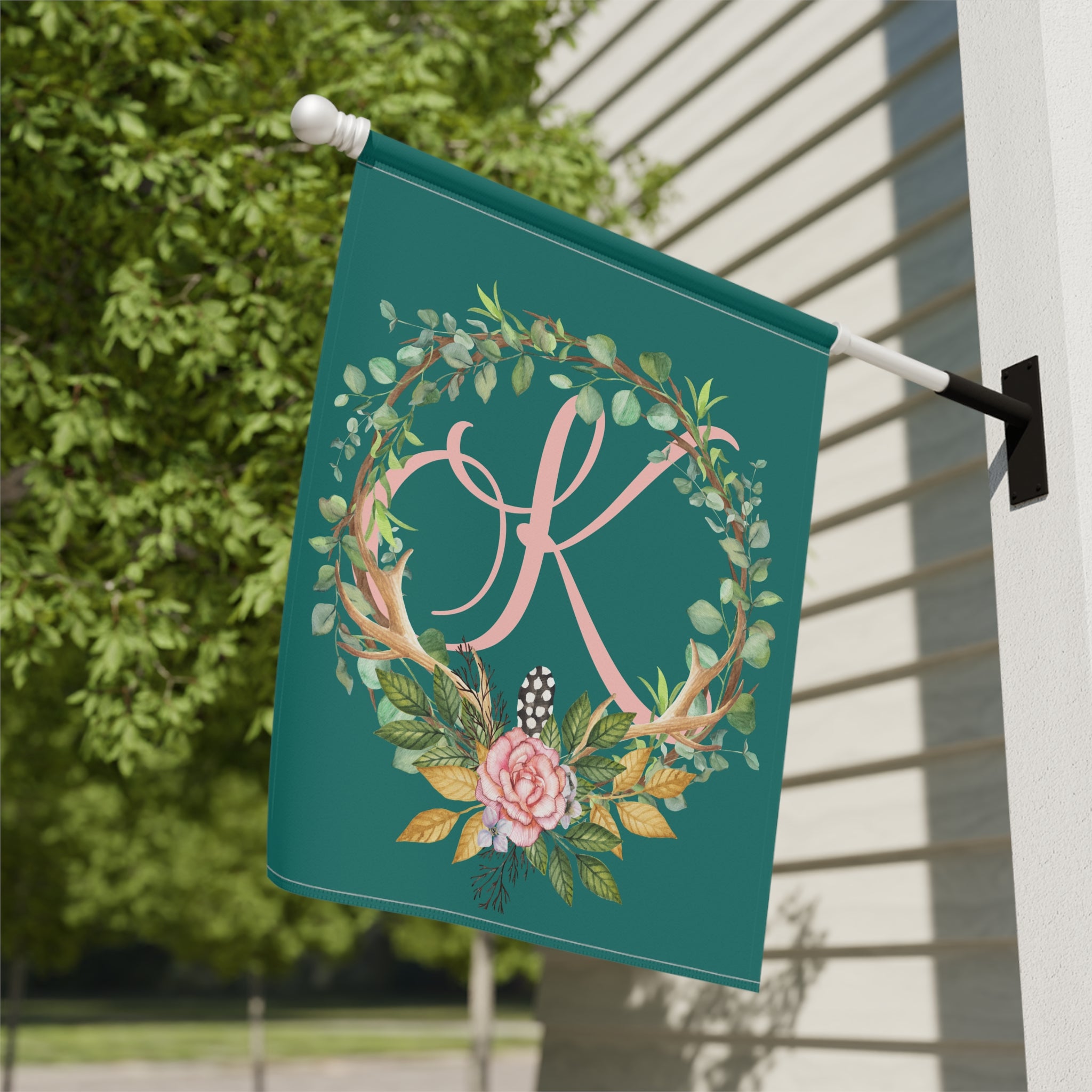 Home & Garden Banner | 'K' Monogram Floral Boho Wreath Flag