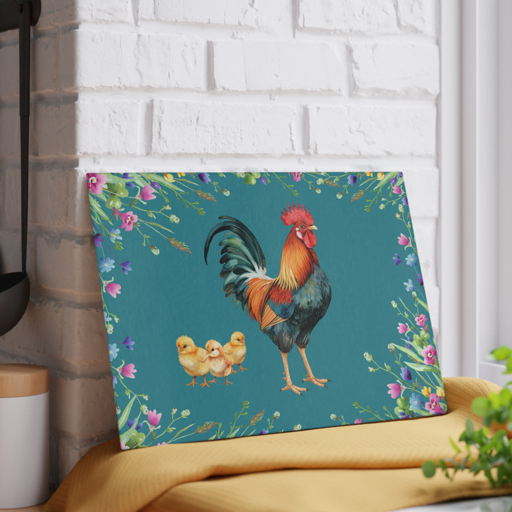 Glass Cutting Board | Rooster and Chicks Farmhouse Floral Kitchen Decor