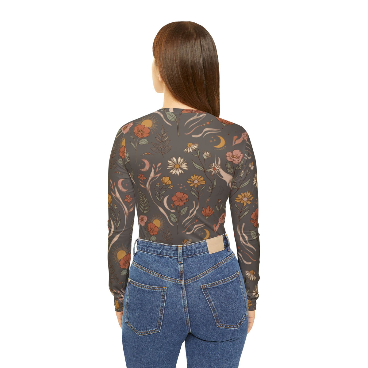 Floral Moon Boho Long Sleeve V-Neck Shirt