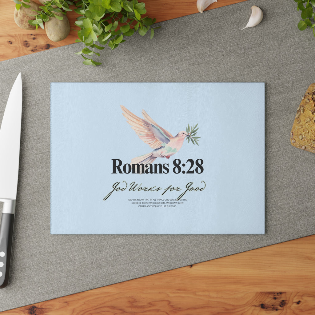 Glass Cutting Board | Romans 8:28 Dove with Olive Branch Kitchen Decor