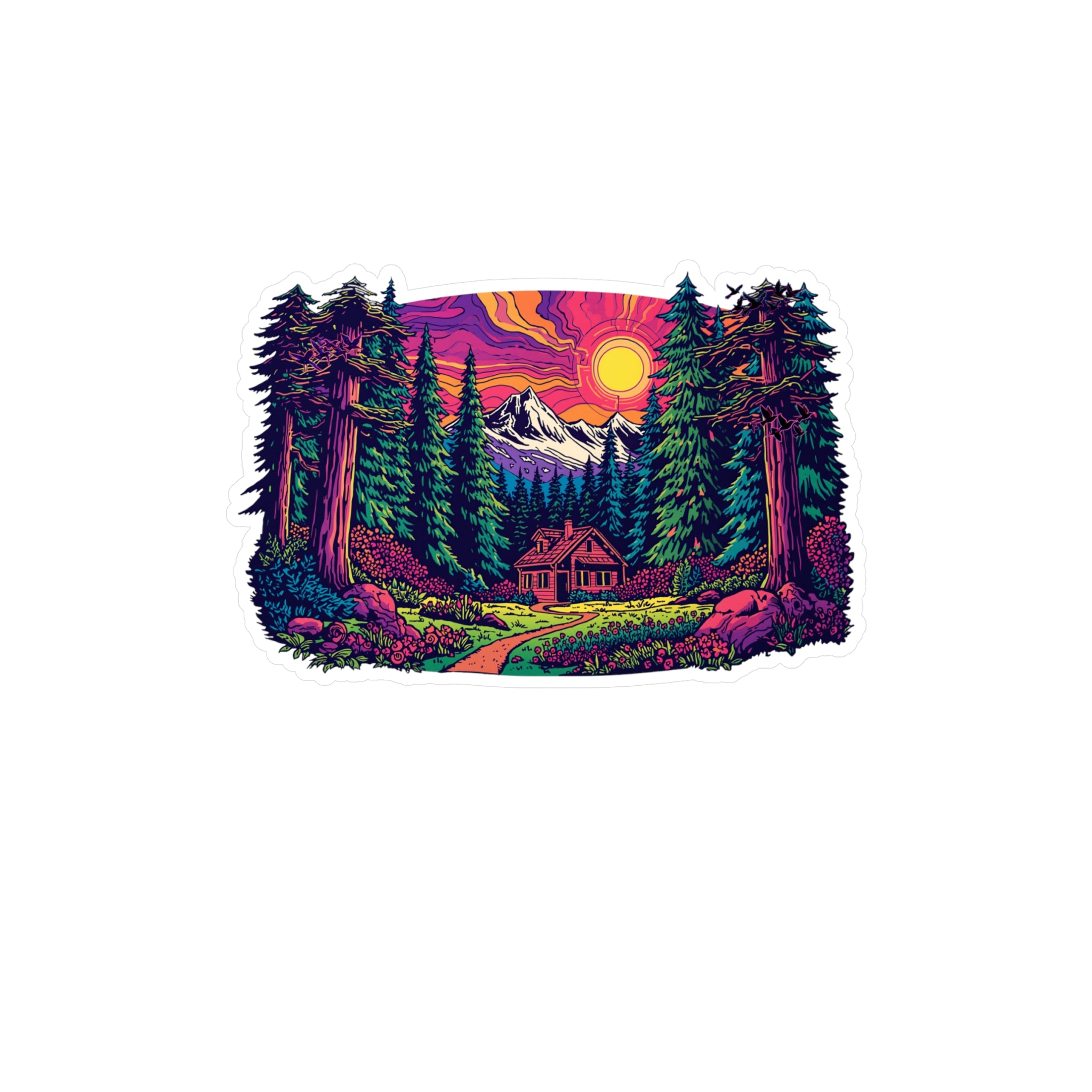Vinyl Decal | Sunset Forest Cabin Sticker