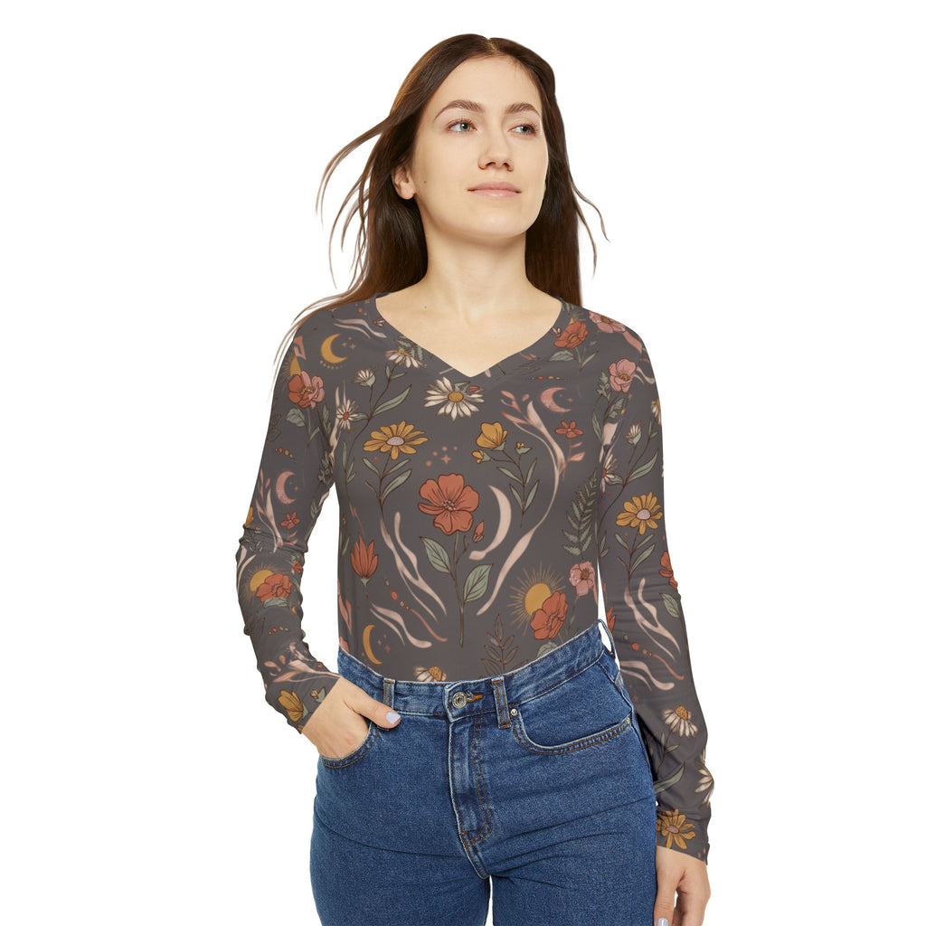 Floral Moon Boho Long Sleeve V-Neck Shirt