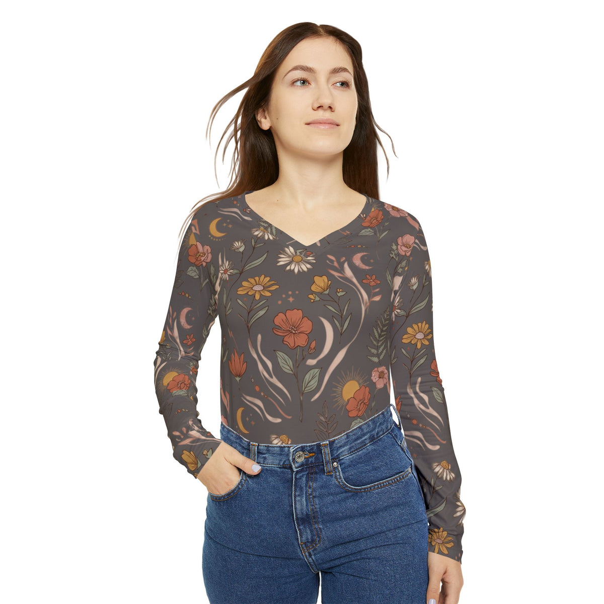 Floral Moon Boho Long Sleeve V-Neck Shirt