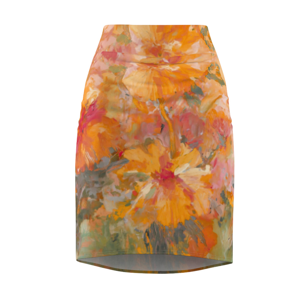 Women's Pencil Skirt | Watercolor Orange & Pink Abstract Floral Midi