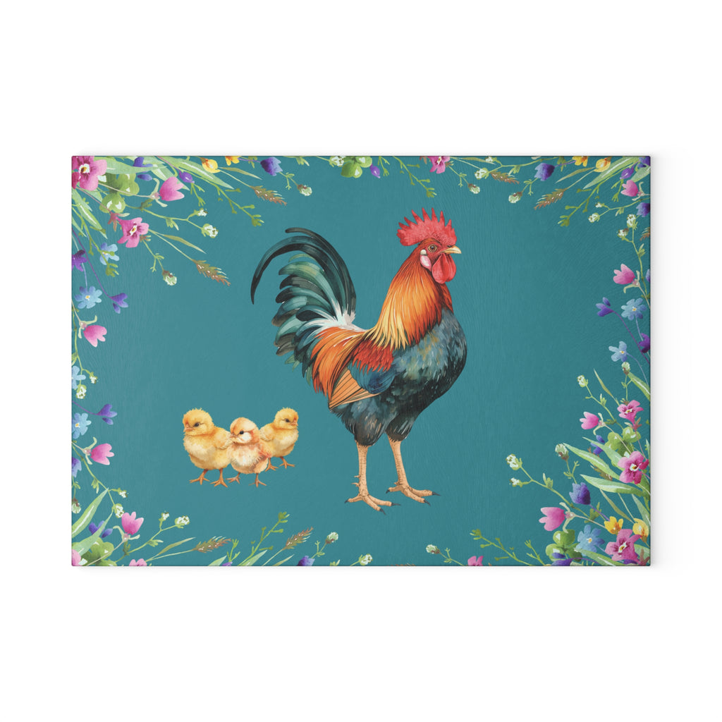 Glass Cutting Board | Rooster and Chicks Farmhouse Floral Kitchen Decor