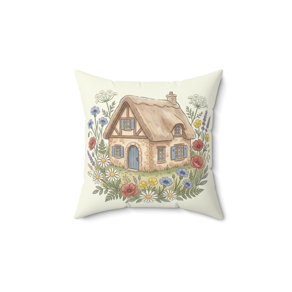 Throw Pillow | Cozy Thatched Cottage with Wildflowers