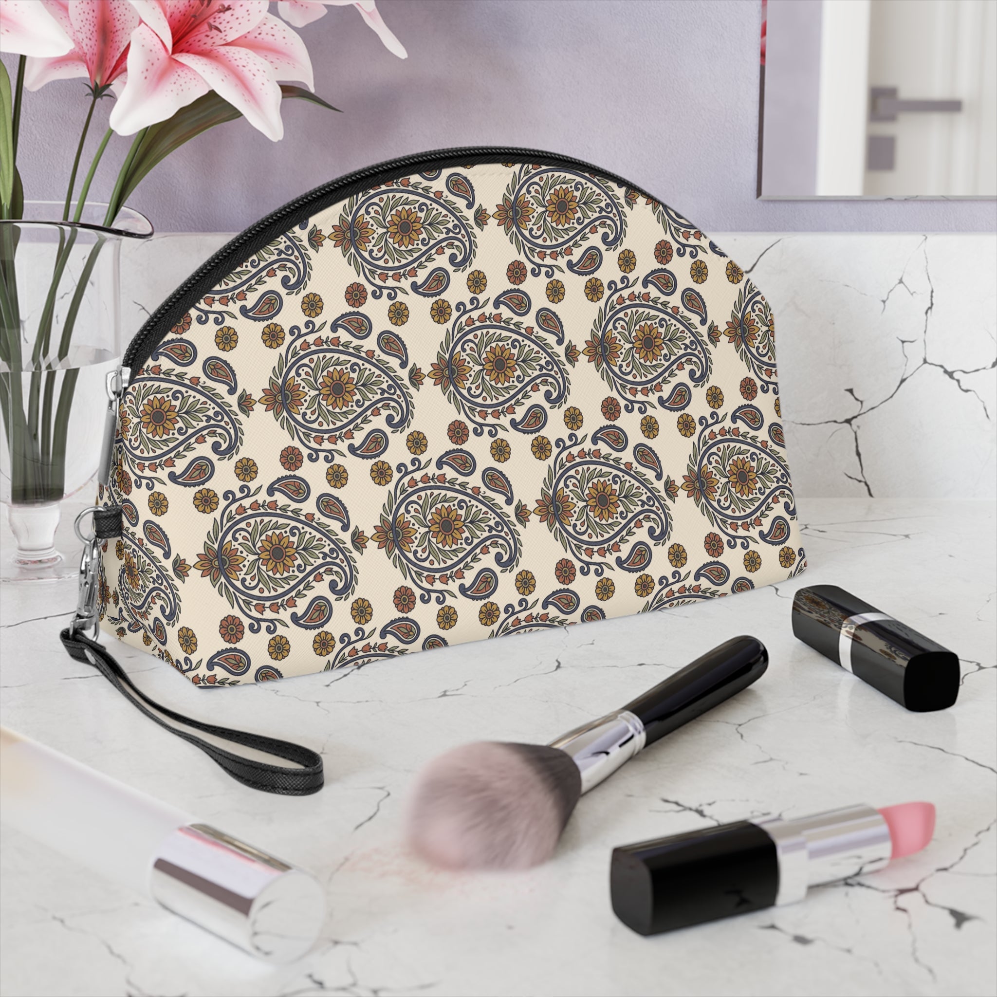 Cosmetic Pouch | Beige Classic Floral Paisley Makeup Bag