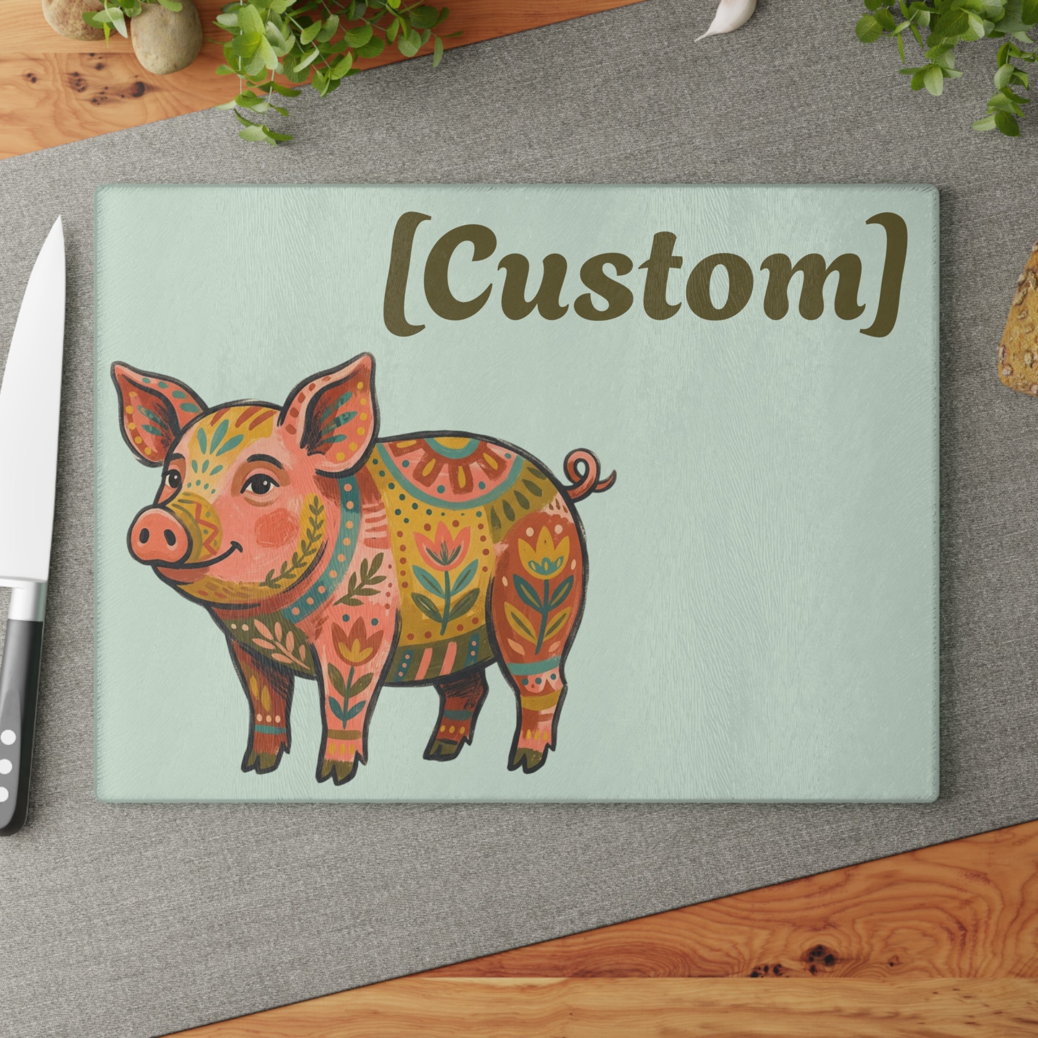 Glass Cutting Board | Customizable Floral Folk Art Pig Kitchen Decor