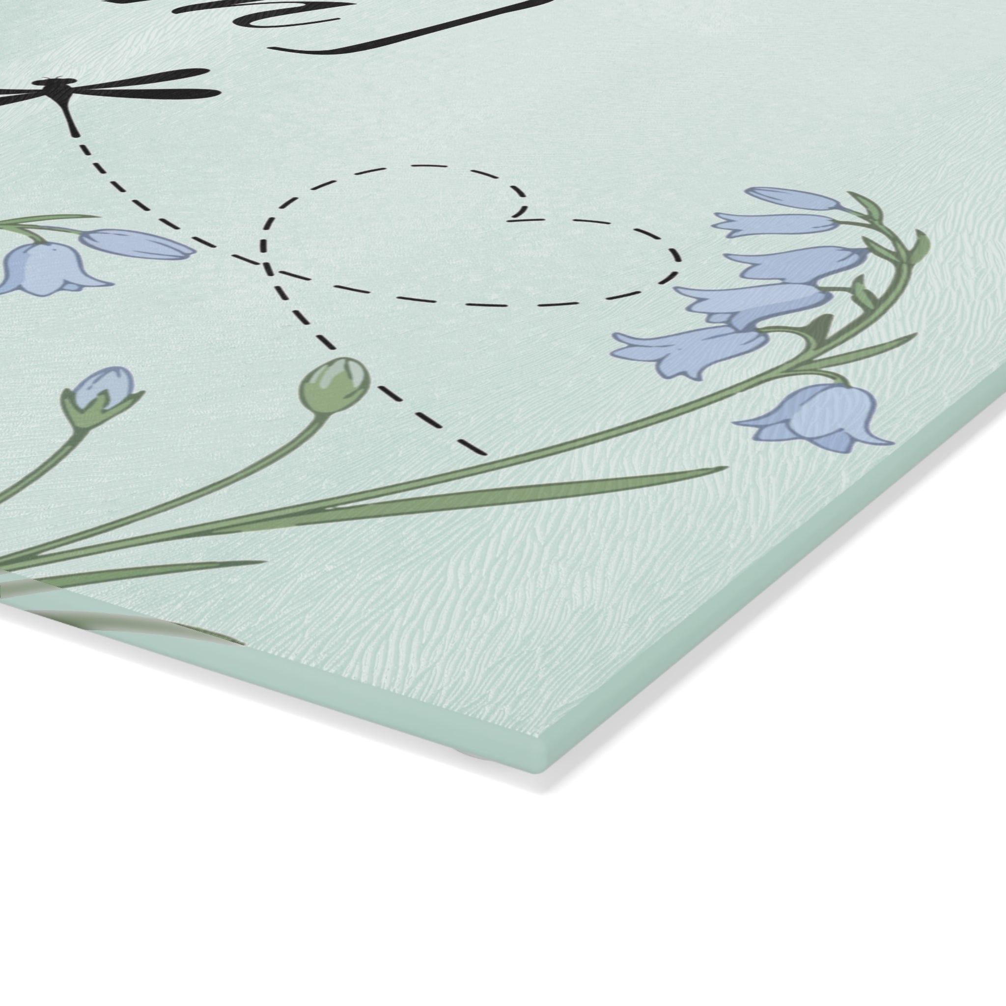 Glass Cutting Board | Bluebell Floral and Dragonfly with Custom Name Option