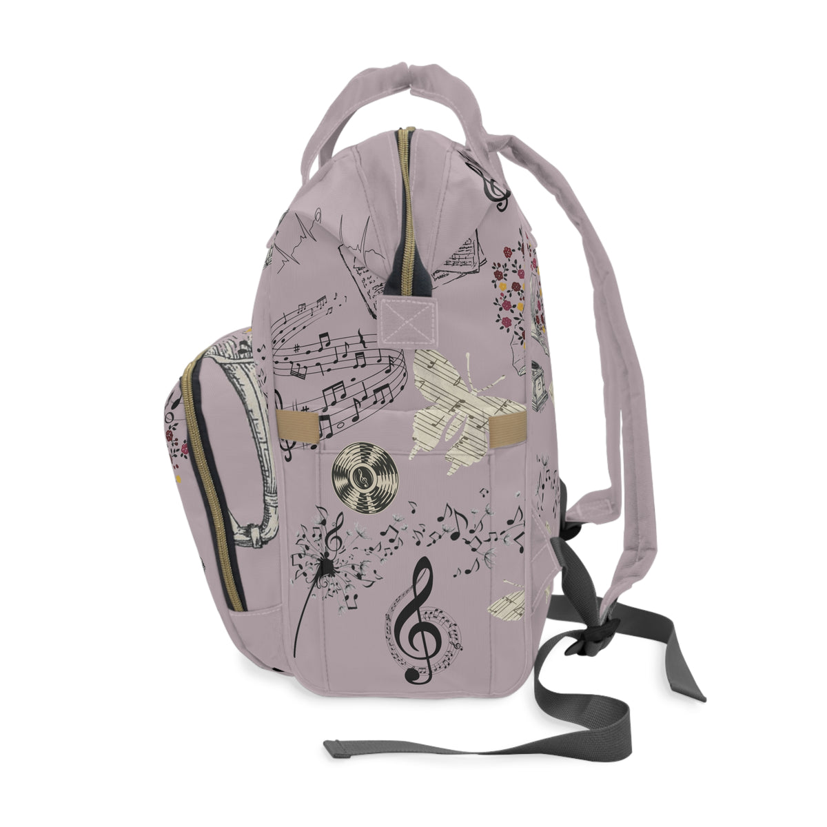 Diaper Backpack | Multifunctional Baby Bag with Vintage Gramophone & Sheet Music Print