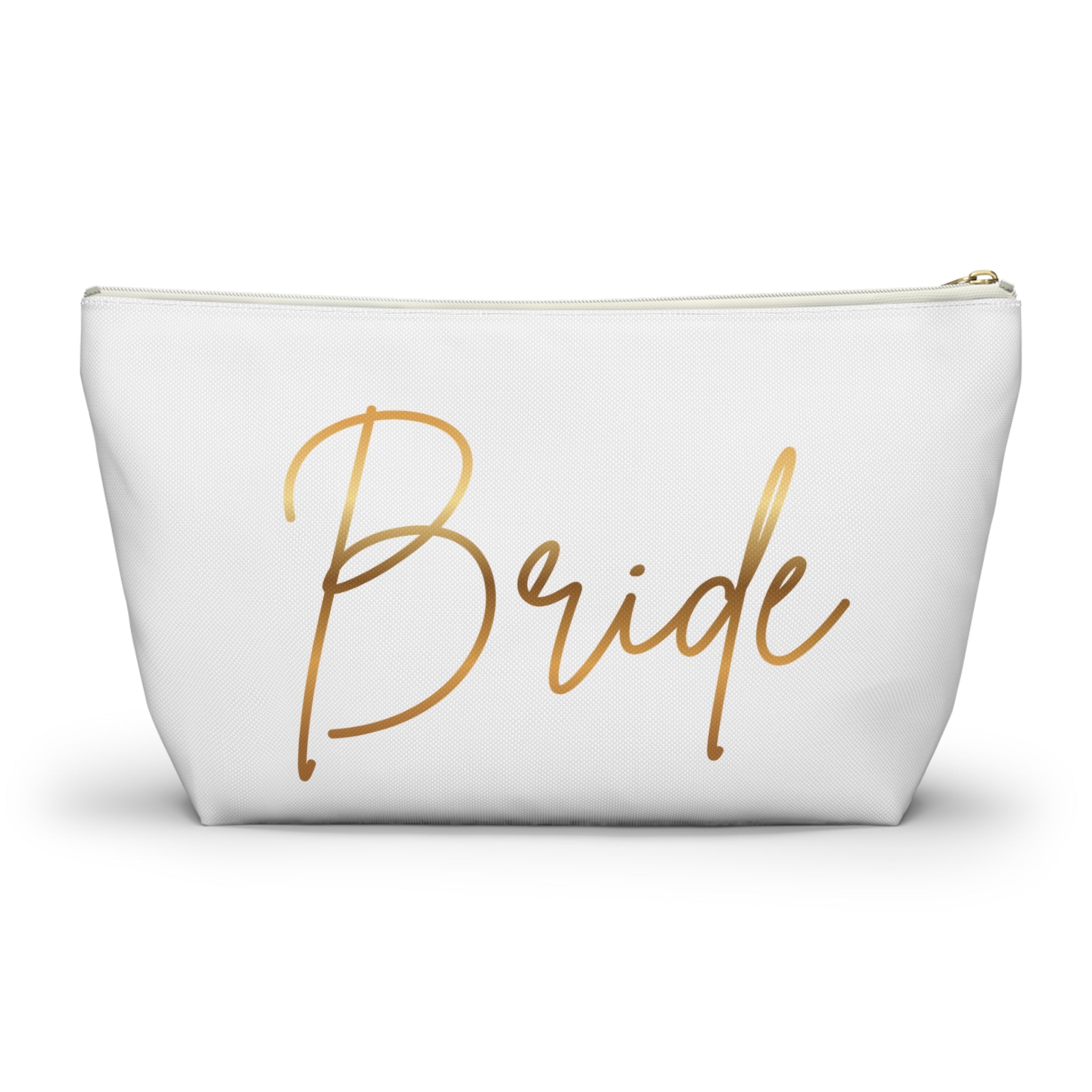 T Bottom Accessory Pouch | 'Bride' White with Gold Script Cosmetic Bag