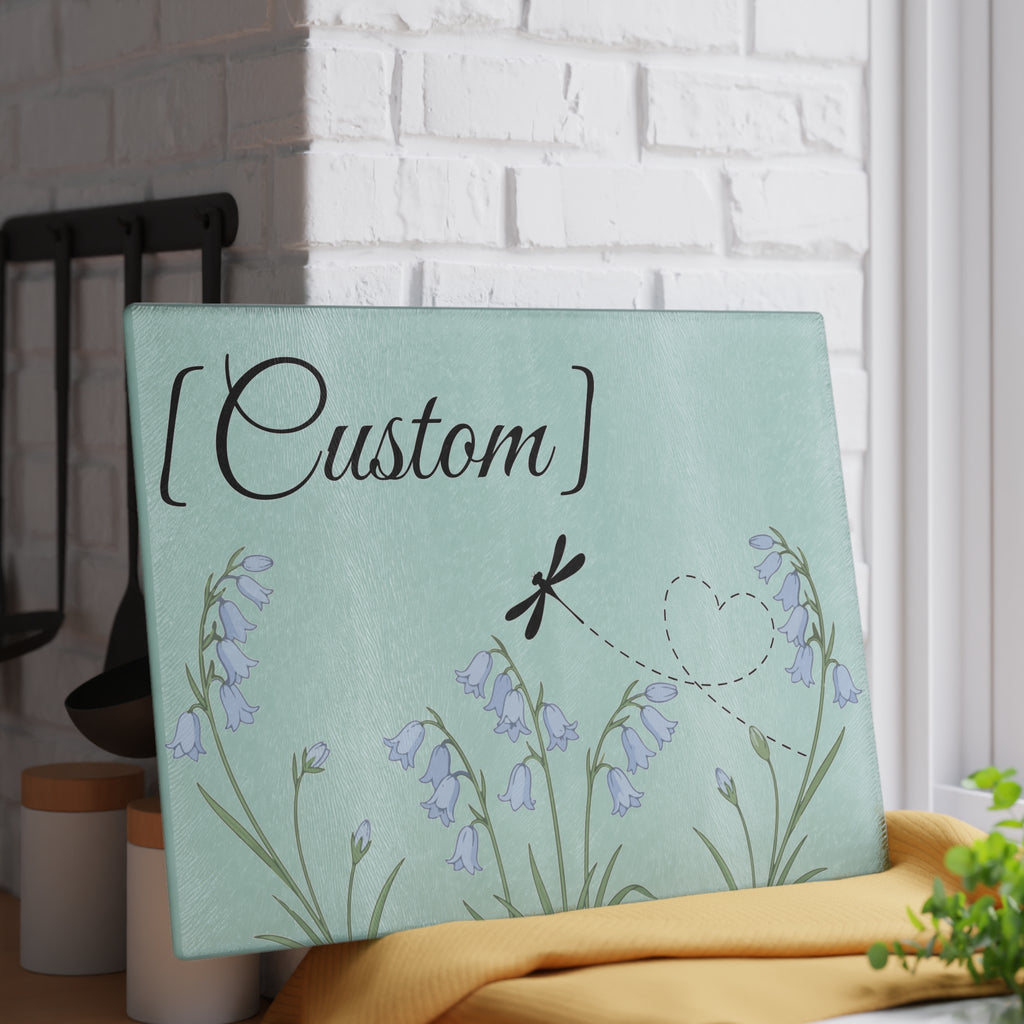 Glass Cutting Board | Bluebell Floral and Dragonfly with Custom Name Option