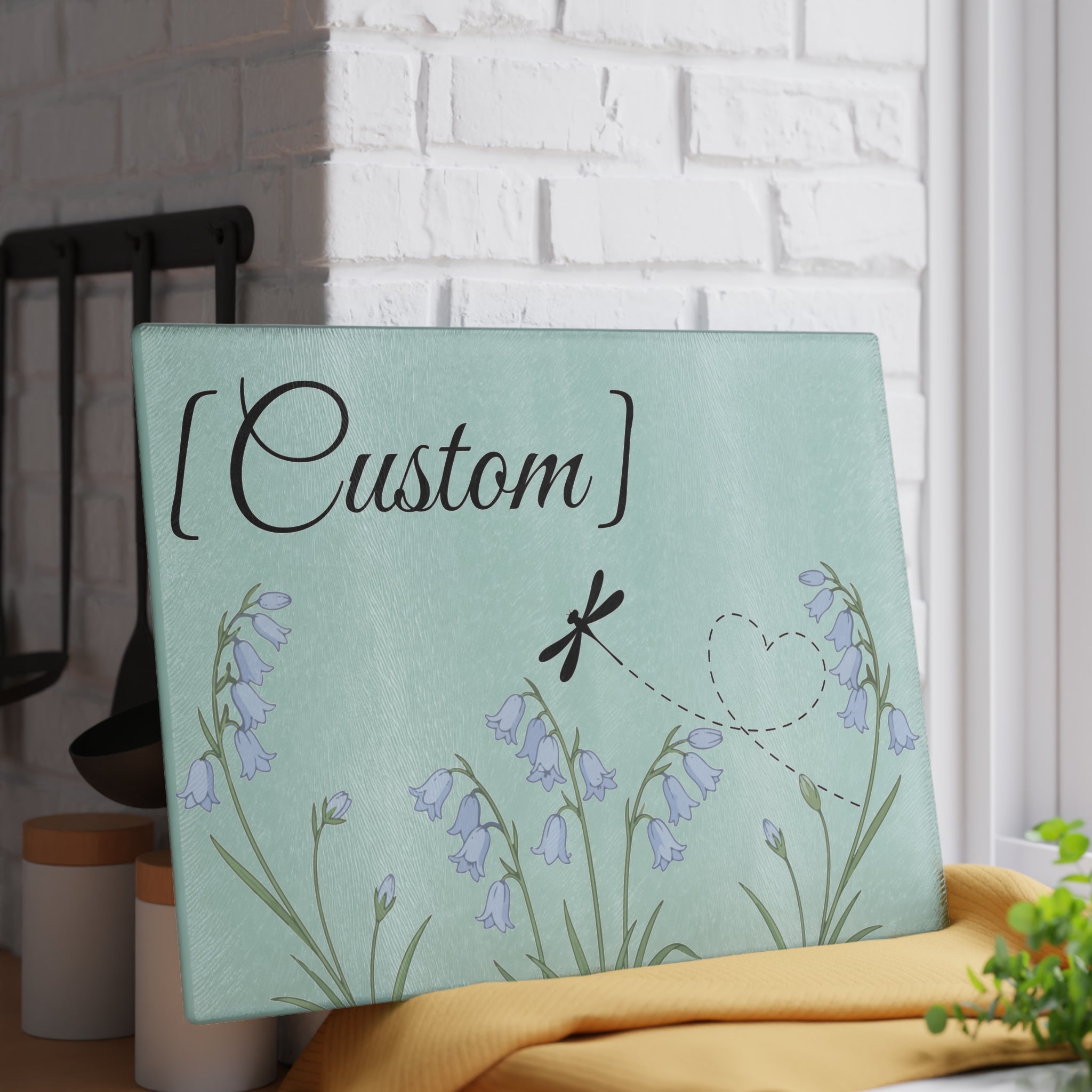 Glass Cutting Board | Bluebell Floral and Dragonfly with Custom Name Option