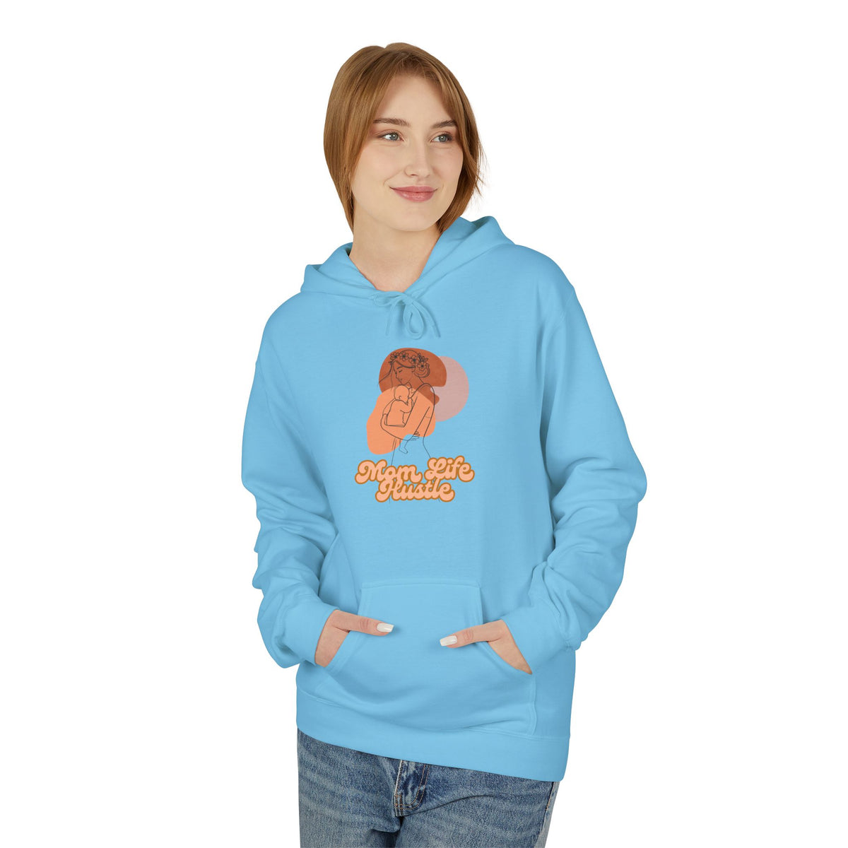 'Mom Life Hustle' Retro Hoodie | Delicate Line Illustration of a Mother & Baby