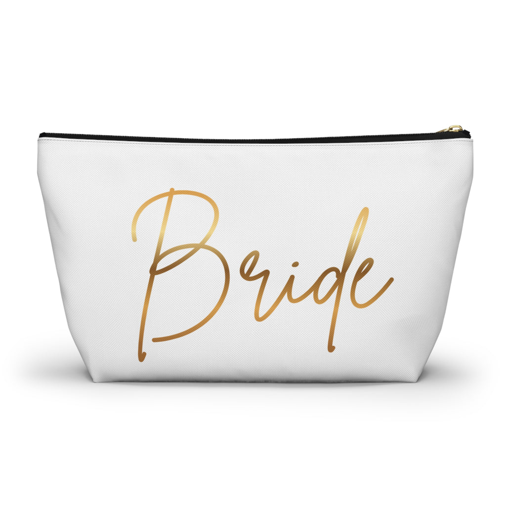 T Bottom Accessory Pouch | 'Bride' White with Gold Script Cosmetic Bag