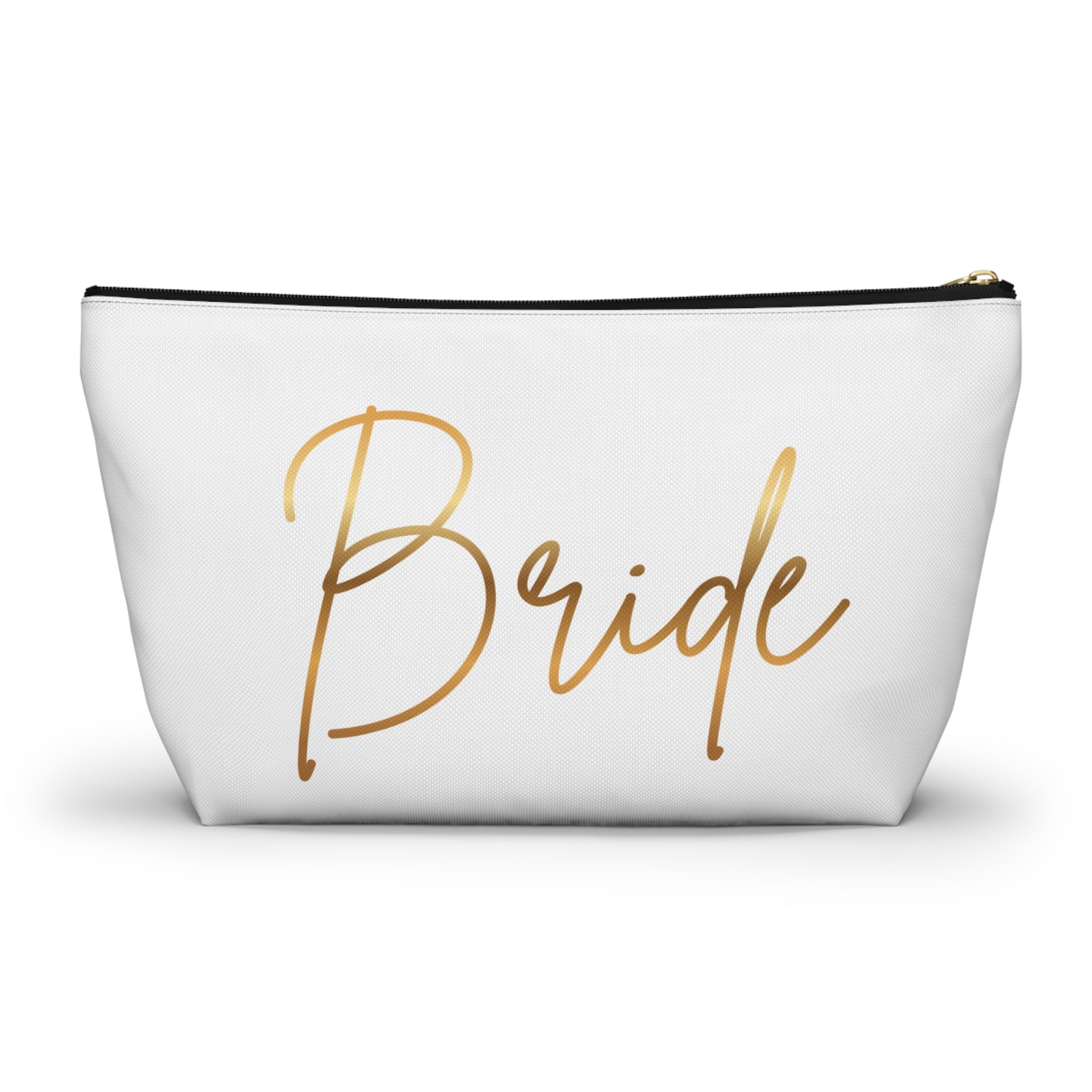 T Bottom Accessory Pouch | 'Bride' White with Gold Script Cosmetic Bag