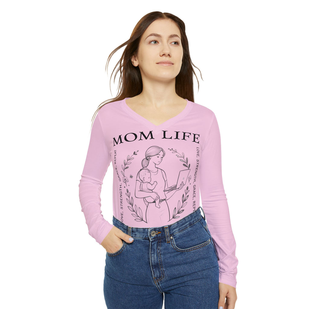 Mom Life Hustle Pale Pink Long Sleeve V-Neck Shirt