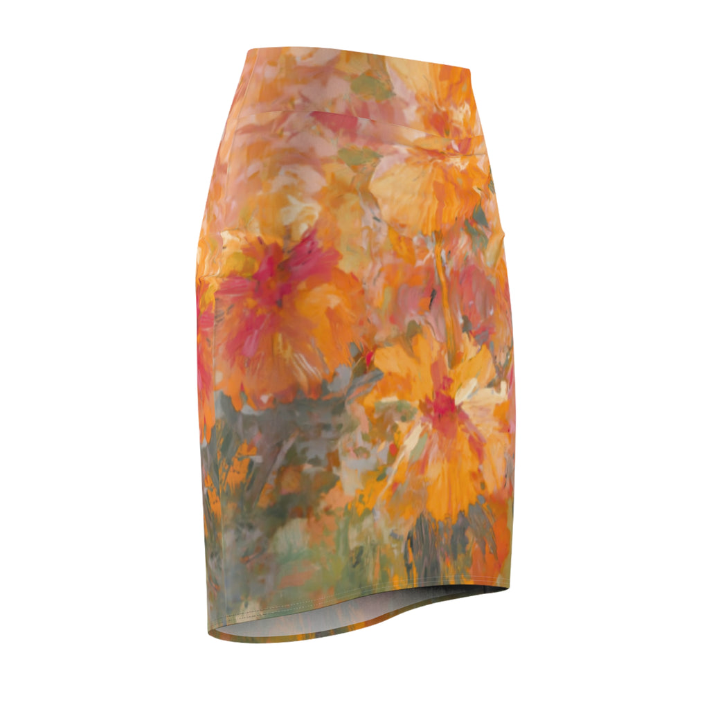 Women's Pencil Skirt | Watercolor Orange & Pink Abstract Floral Midi