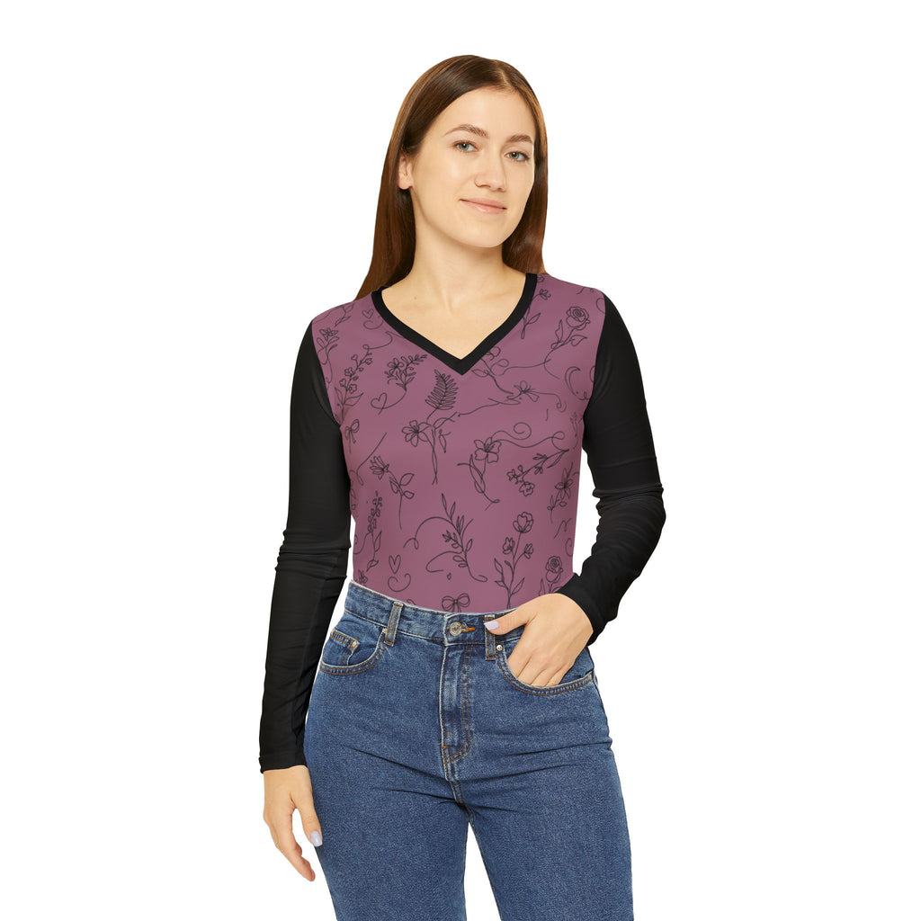 Floral Line Art Long Sleeve V-Neck Shirt