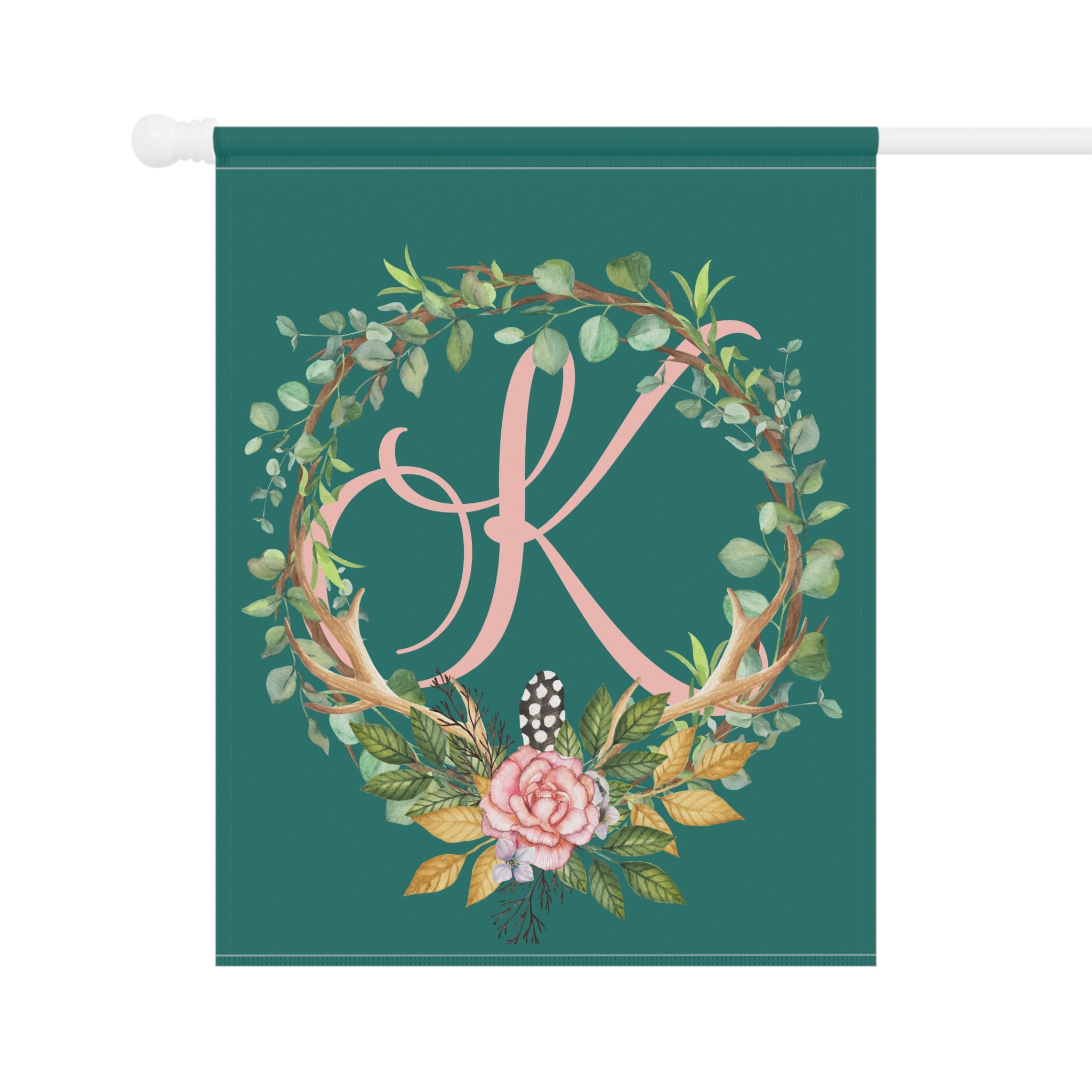 Home & Garden Banner | 'K' Monogram Floral Boho Wreath Flag