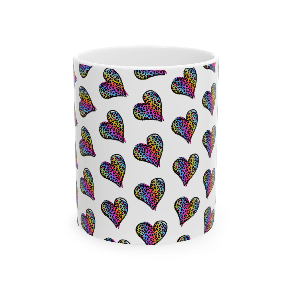 Coffee Mug | Neon Leopard Print Hearts Ceramic Coffee Cup (11oz & 15oz)