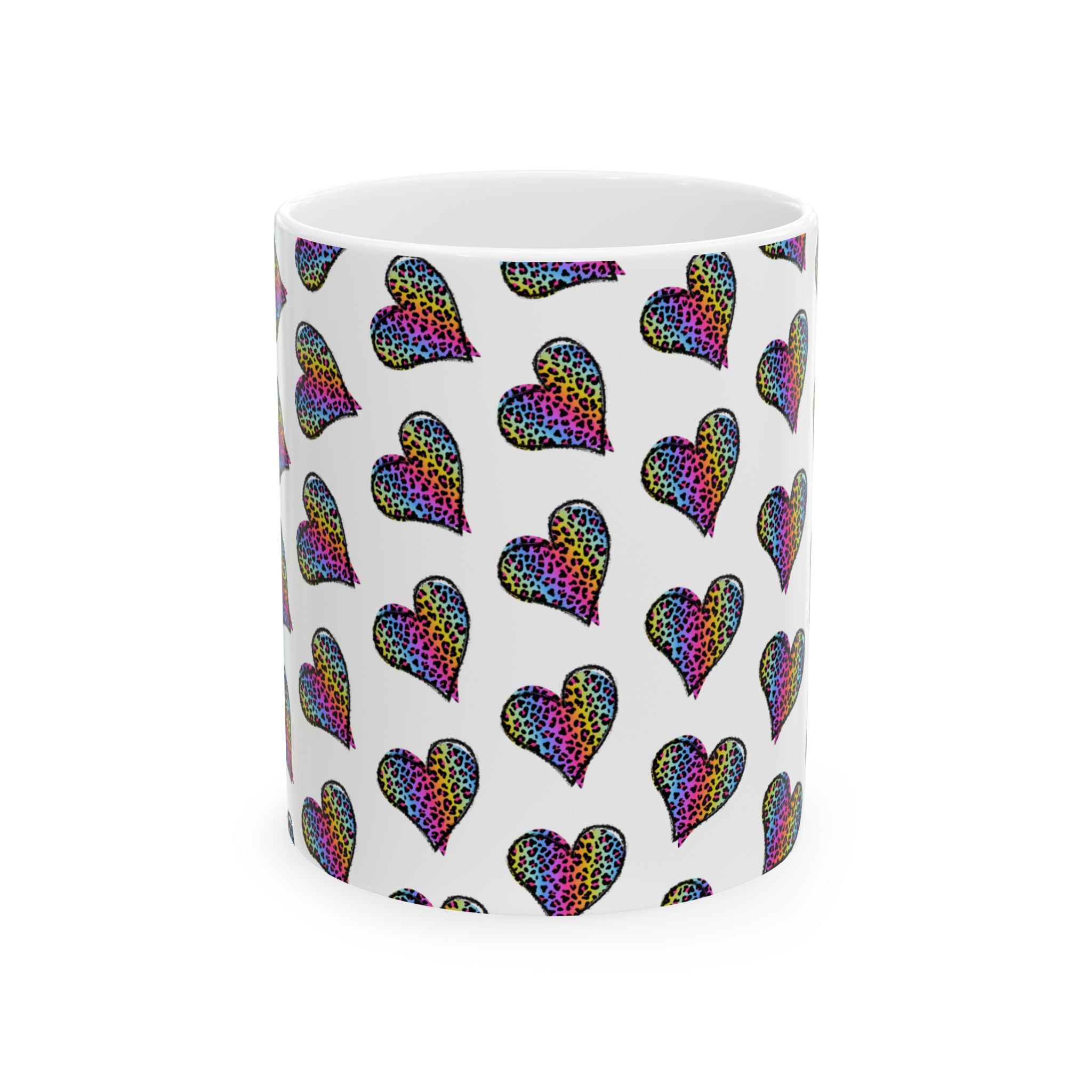Coffee Mug | Neon Leopard Print Hearts Ceramic Coffee Cup (11oz & 15oz)