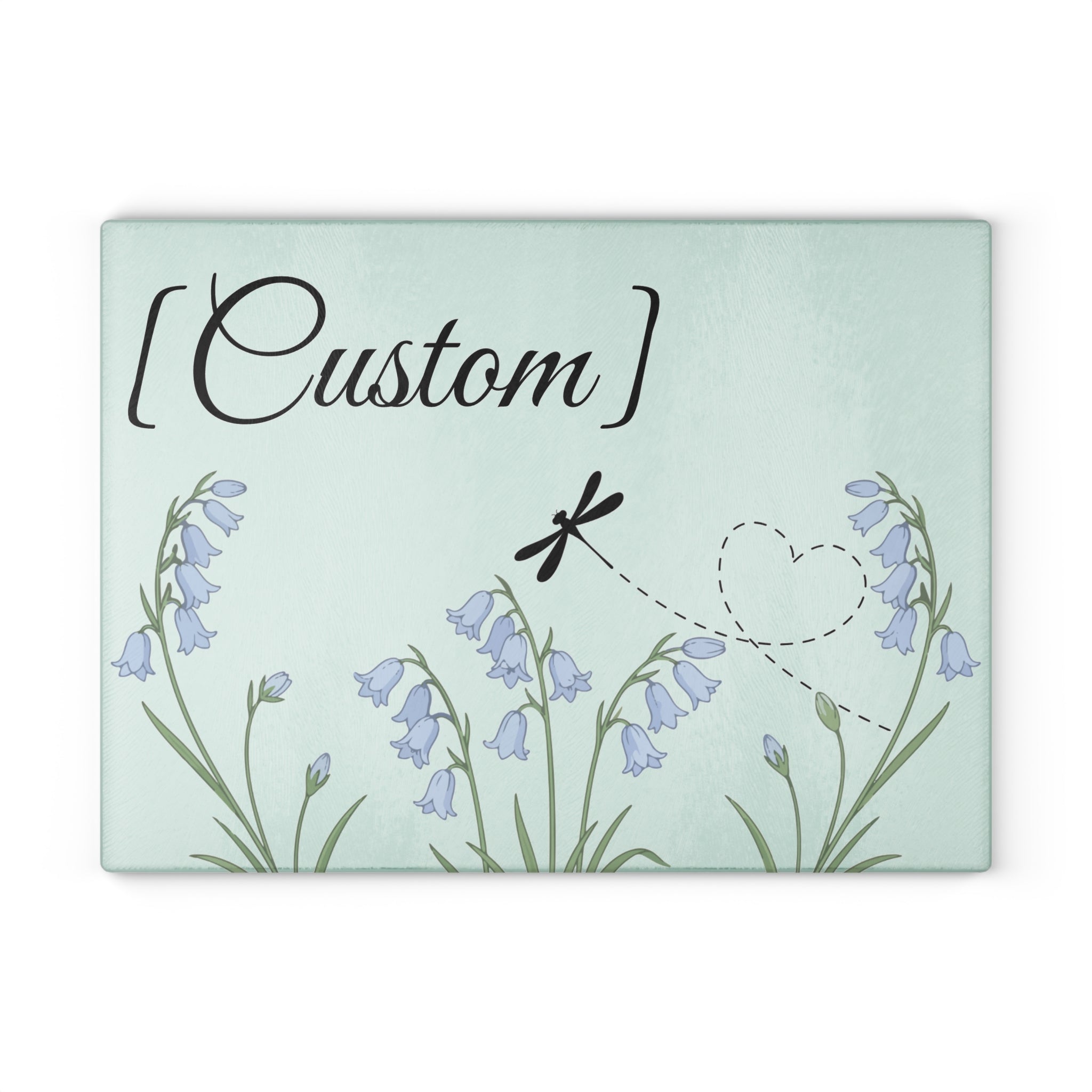 Glass Cutting Board | Bluebell Floral and Dragonfly with Custom Name Option