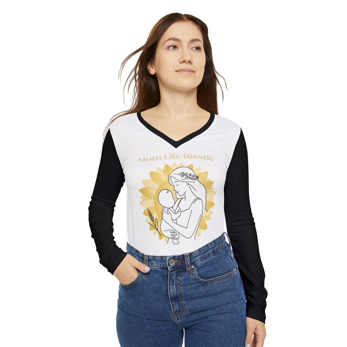 Mom Life Hustle in Bloom Long Sleeve V-Neck Shirt