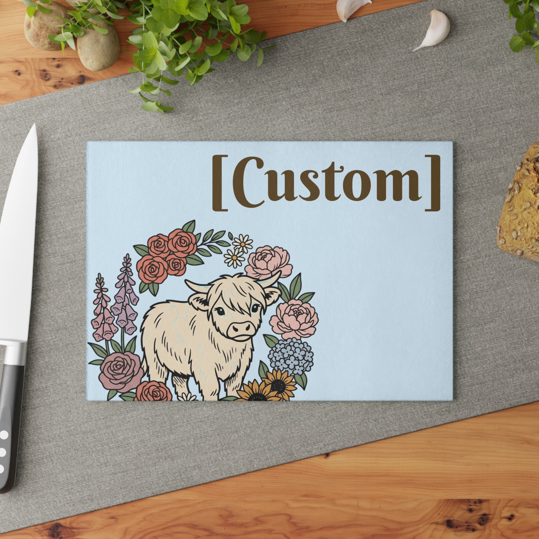 Glass Cutting Board | Customizable Name Option Highland Cow