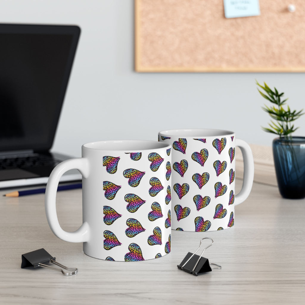 Coffee Mug | Neon Leopard Print Hearts Ceramic Coffee Cup (11oz & 15oz)