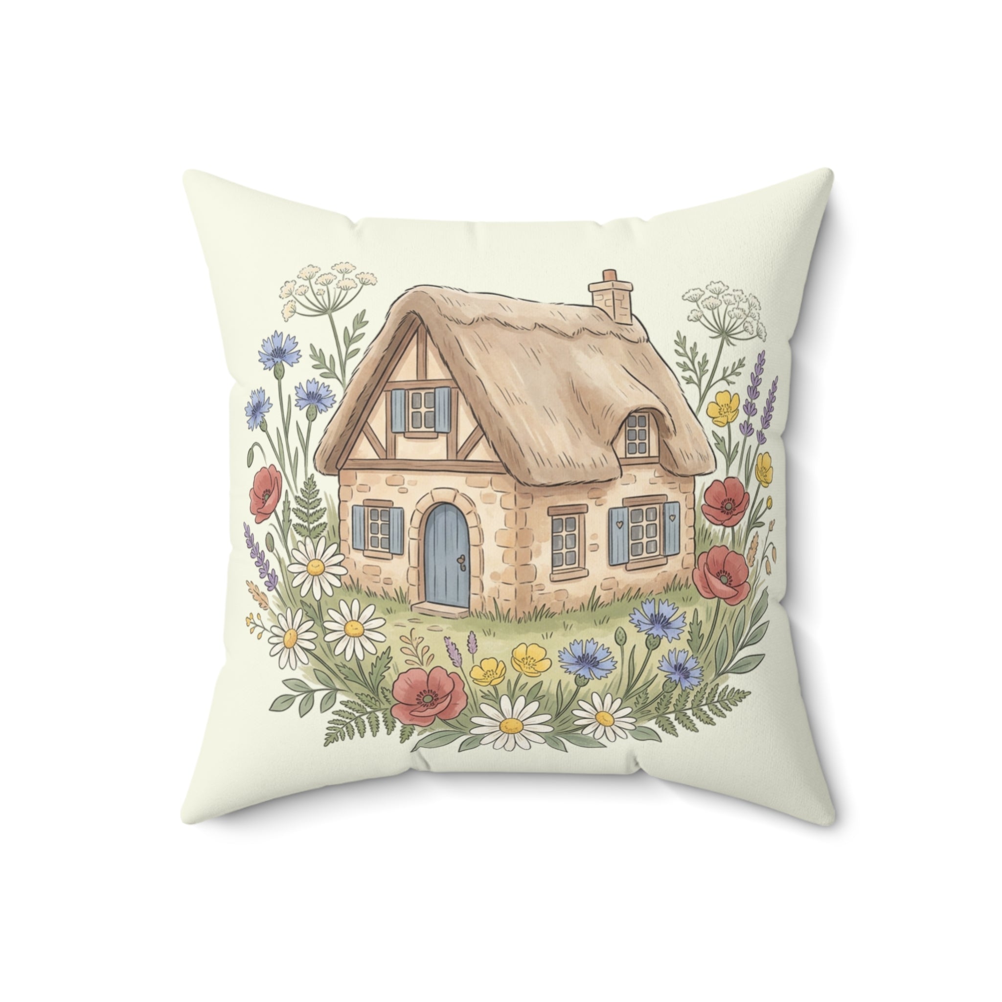 Throw Pillow | Cozy Thatched Cottage with Wildflowers
