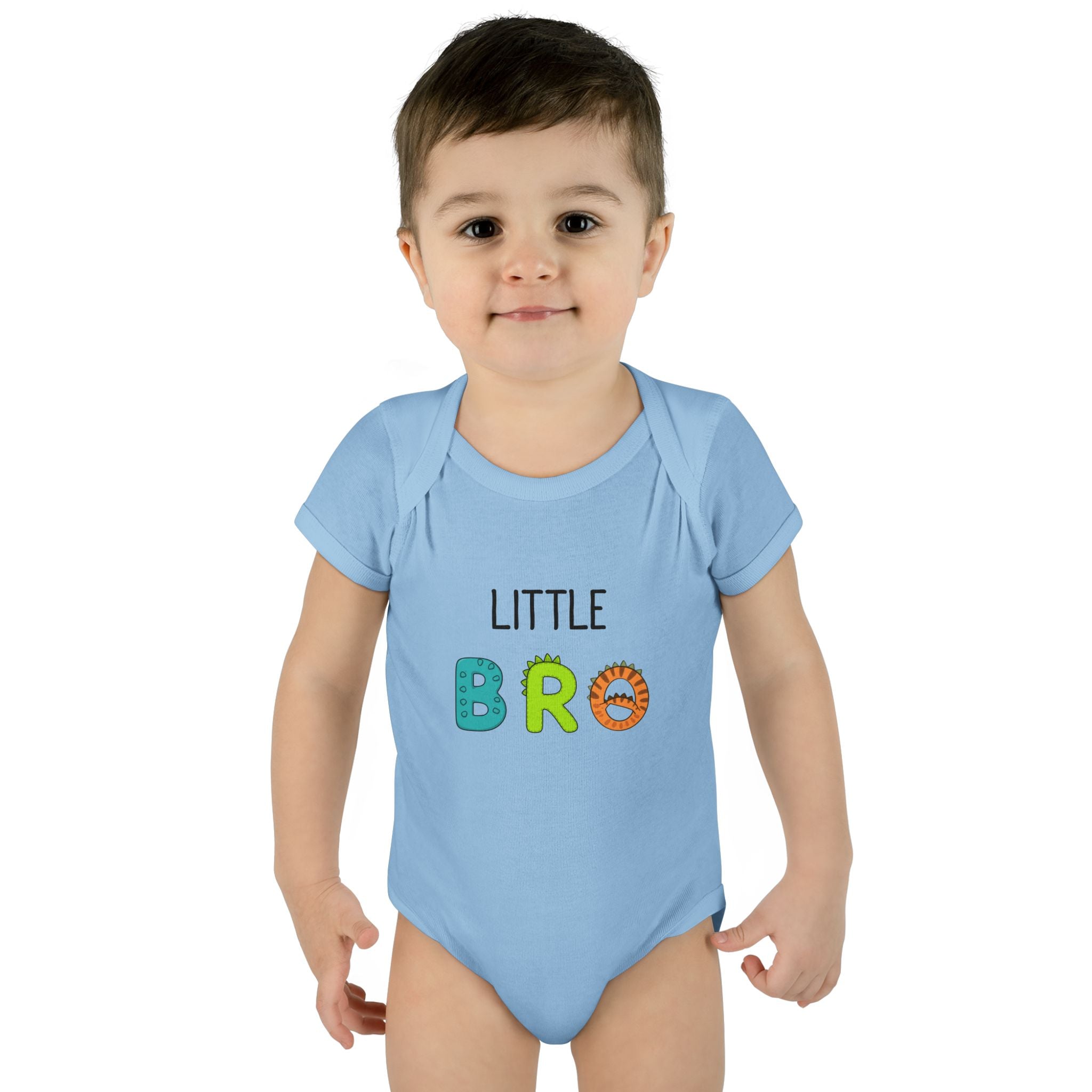 Baby Bodysuit | 'Little Bro' Sibling Infant Onesie with Colorful Dino Letters