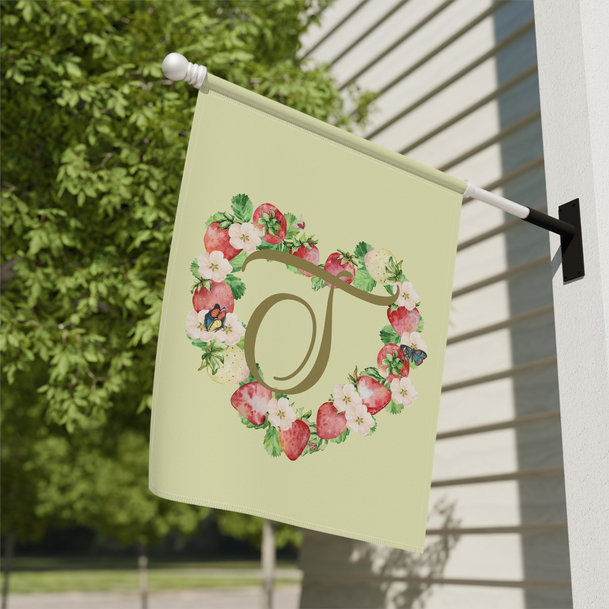 Home & Garden Banner | 'T' Monogram Strawberry Heart Flag