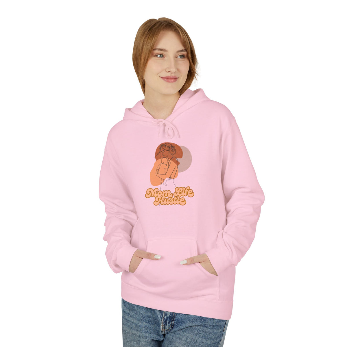 'Mom Life Hustle' Retro Hoodie | Delicate Line Illustration of a Mother & Baby