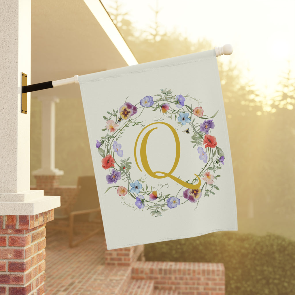 Home & Garden Banner | 'Q' Monogram Wildflowers Wreath Flag