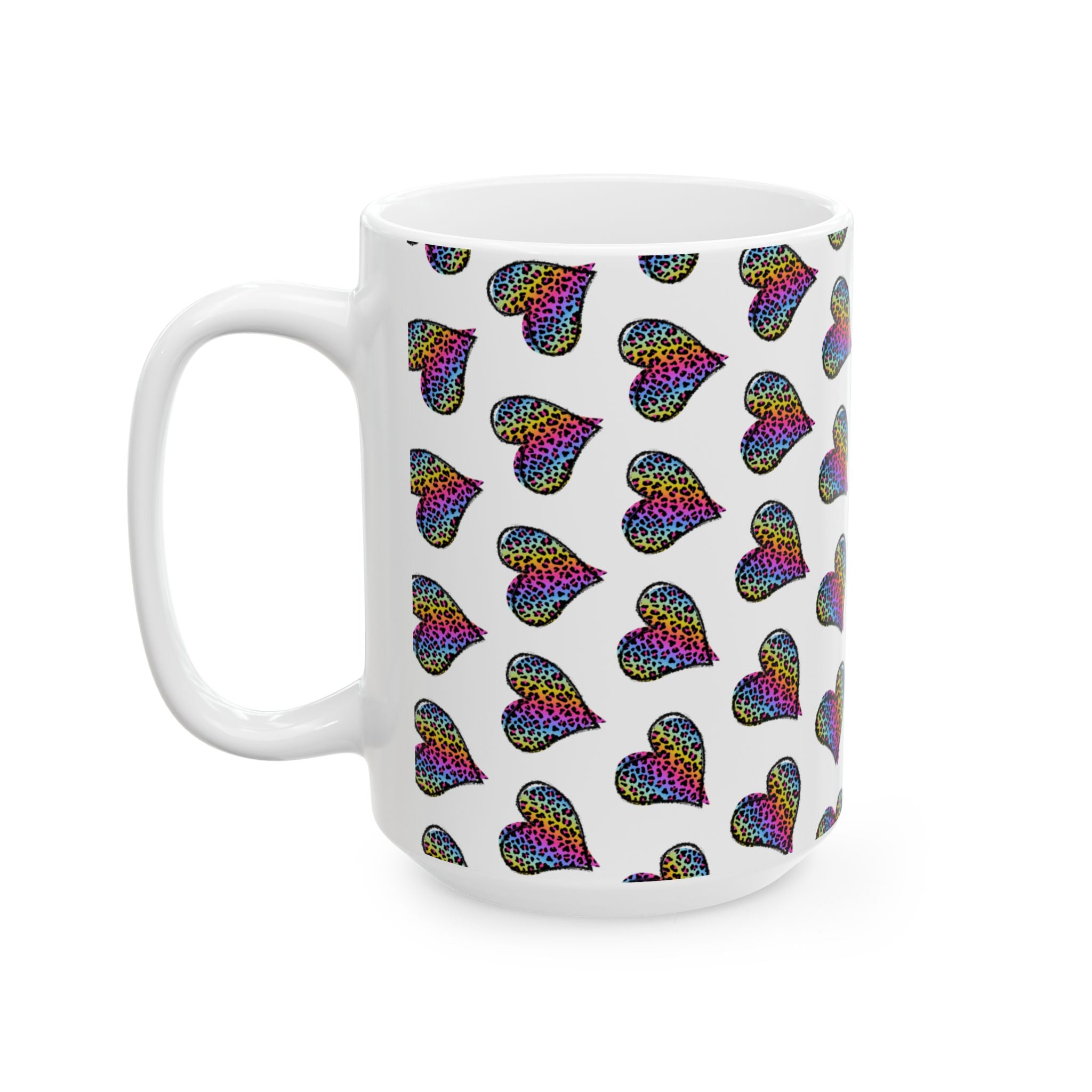 Coffee Mug | Neon Leopard Print Hearts Ceramic Coffee Cup (11oz & 15oz)