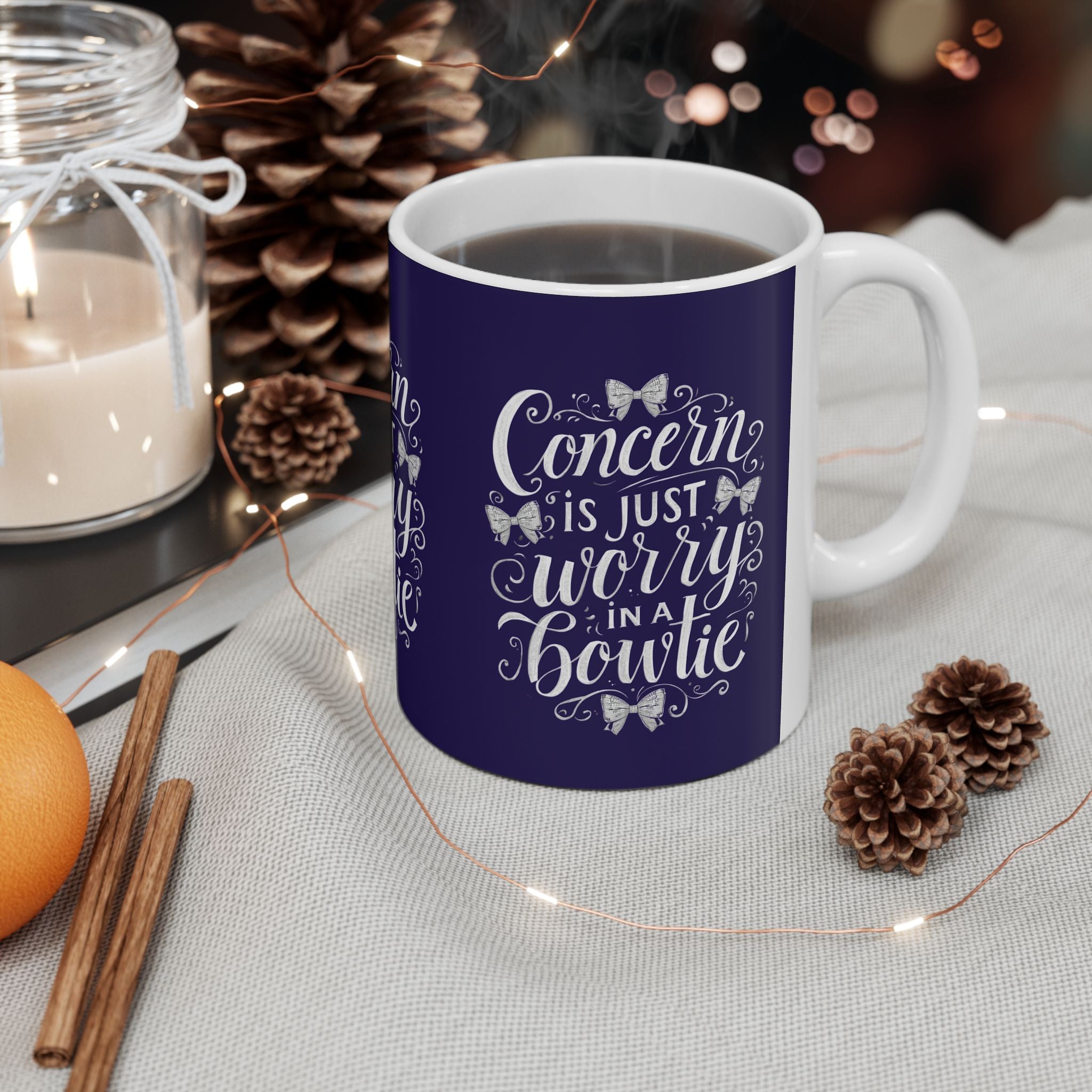 Coffee Mug | Navy Background 'Concern is Just Worry in a Bowtie'