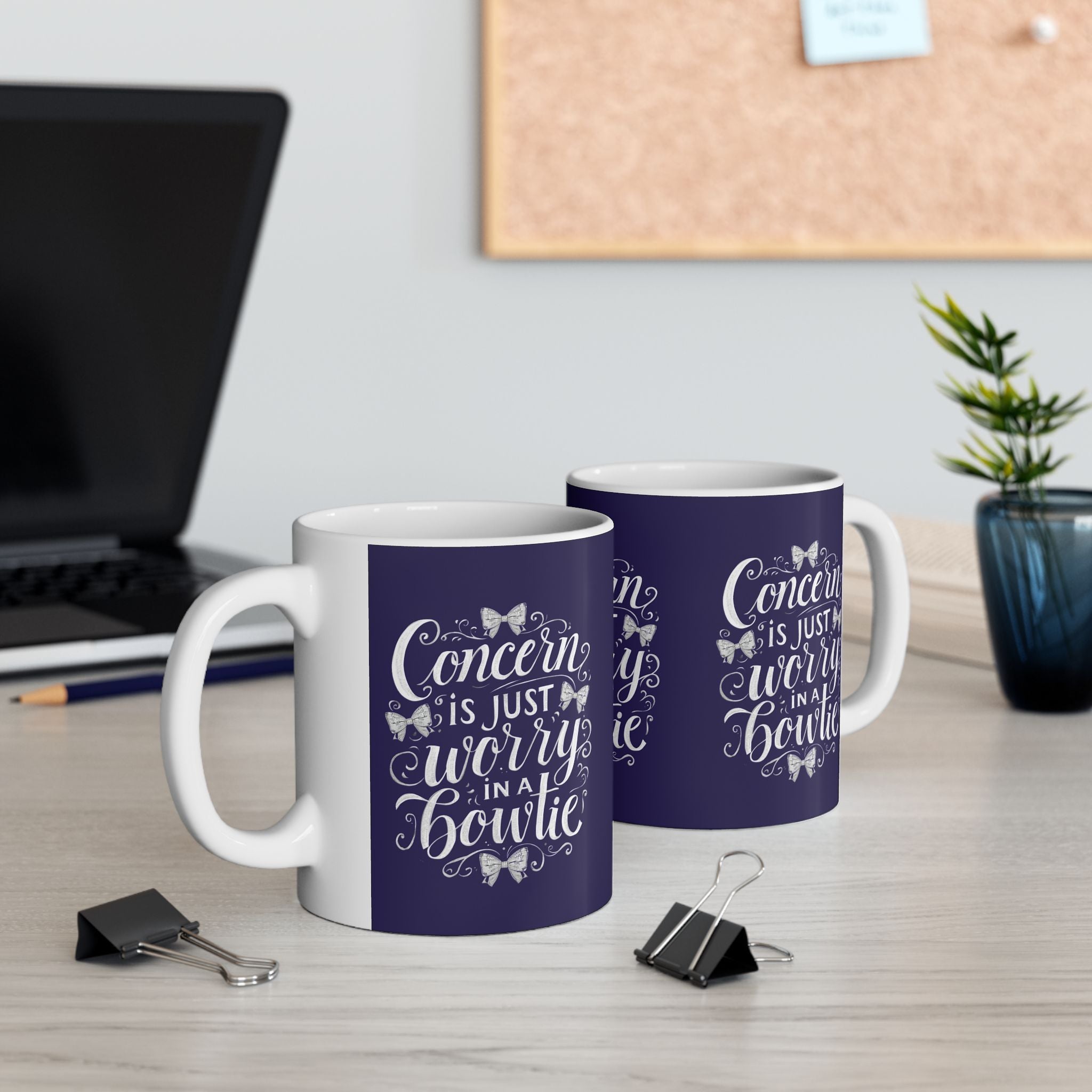 Coffee Mug | Navy Background 'Concern is Just Worry in a Bowtie'